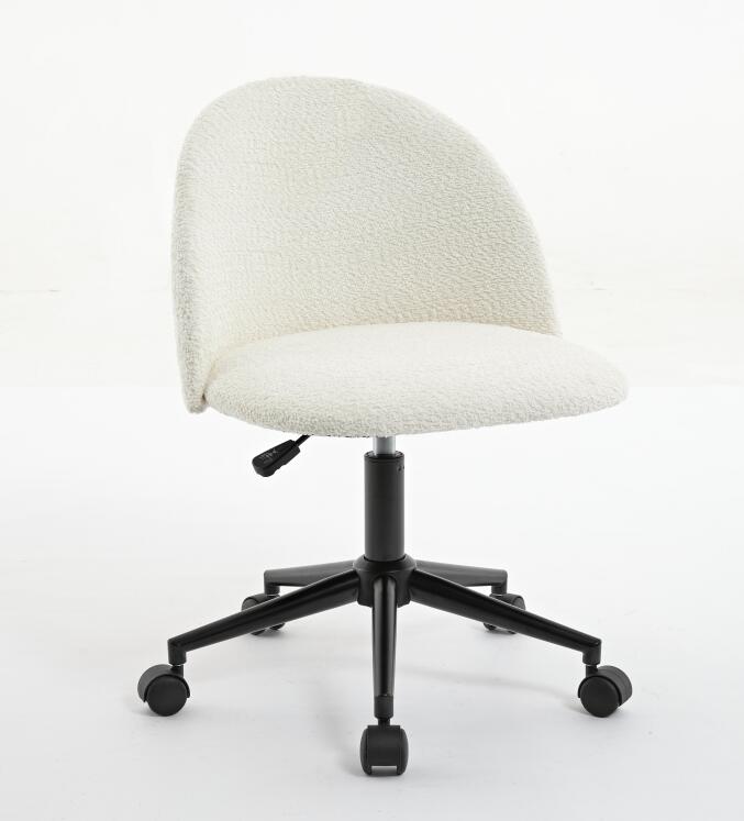 Velvet fabric office chair, mid back adjustable rotating computer chair, black legs, cushioned office chair with wheels ，White