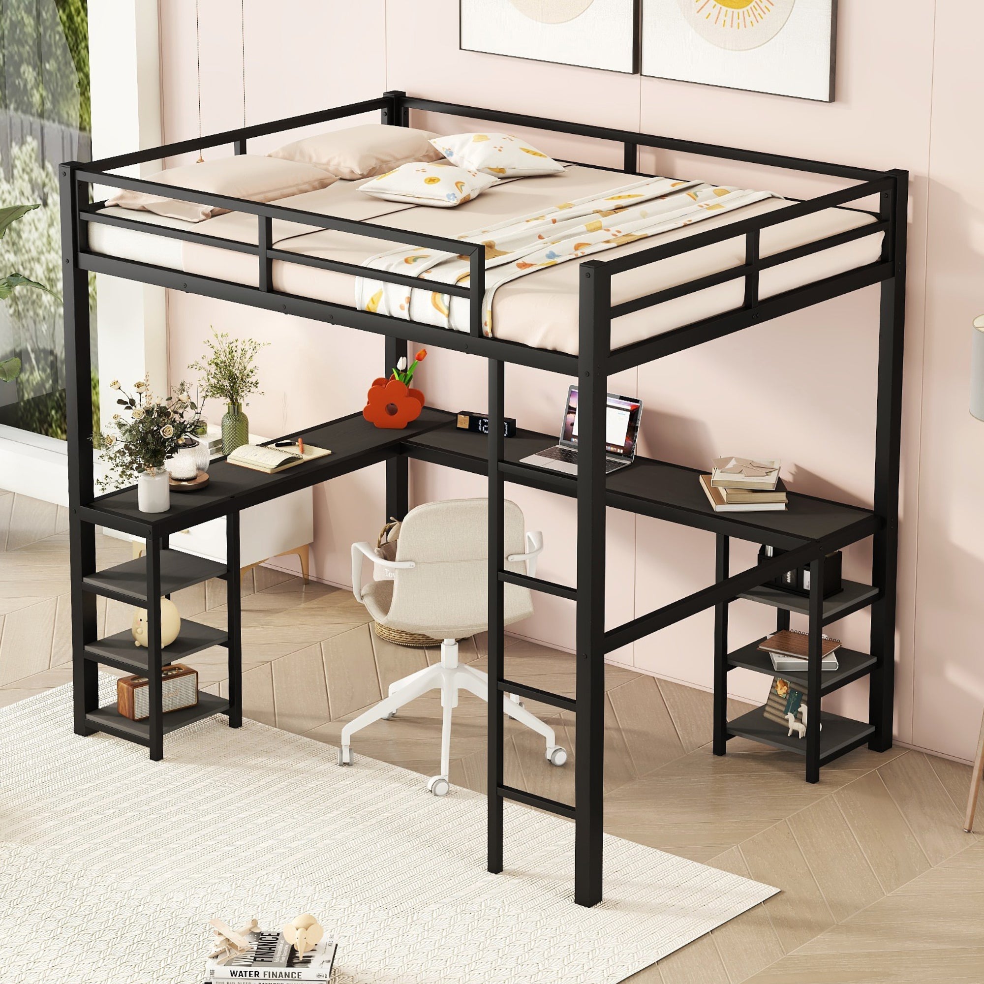 All metal loft bed with desk and shelf, loft bed with ladder and guardrail, black with black desk