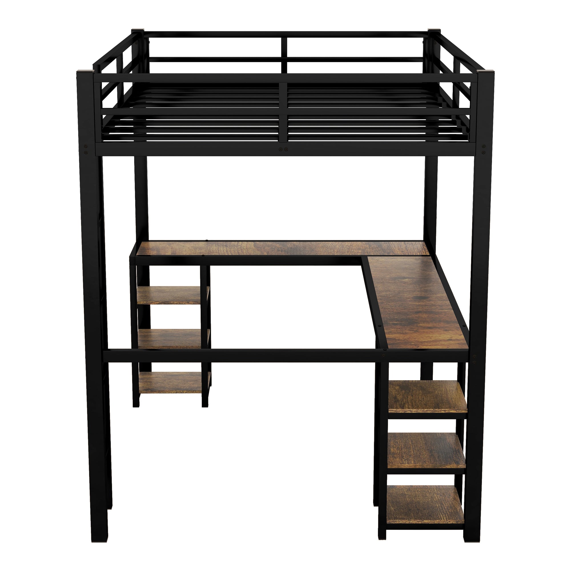 Full metal loft bed with desk and shelf, loft bed with ladder and guardrail, black with retro wood desk