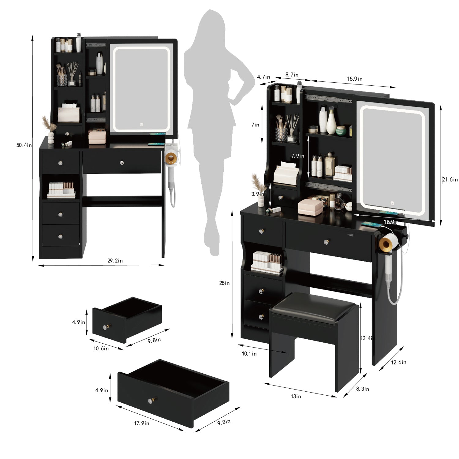 Left drawer desktop vanity+cushioned stool, 2 AC+2 USB power stations, touch sliding LED mirror, tri color switch