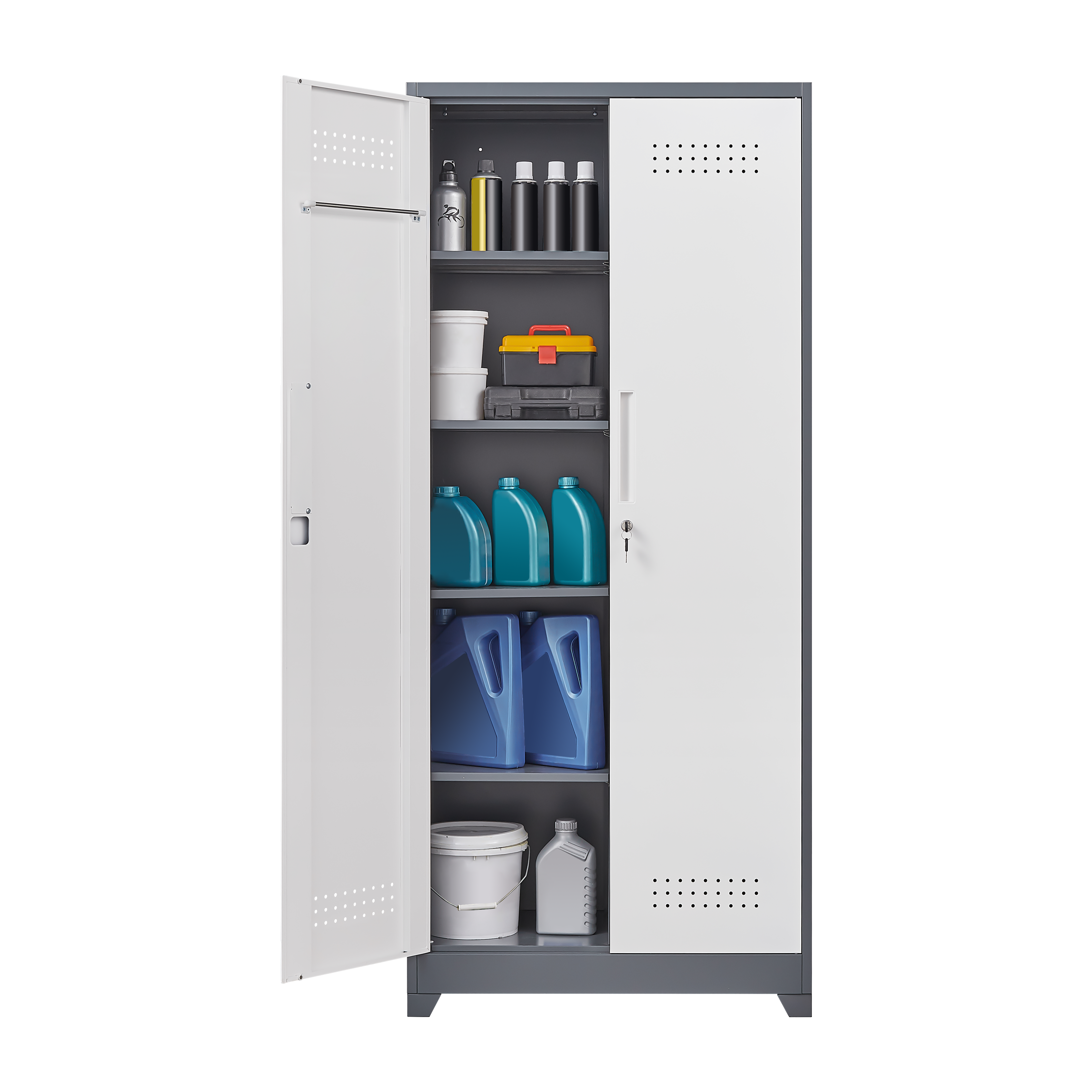 Metal storage cabinets, lockable cleaning tool cabinets, high broom tool organizers, and large storage cabinets in storage store