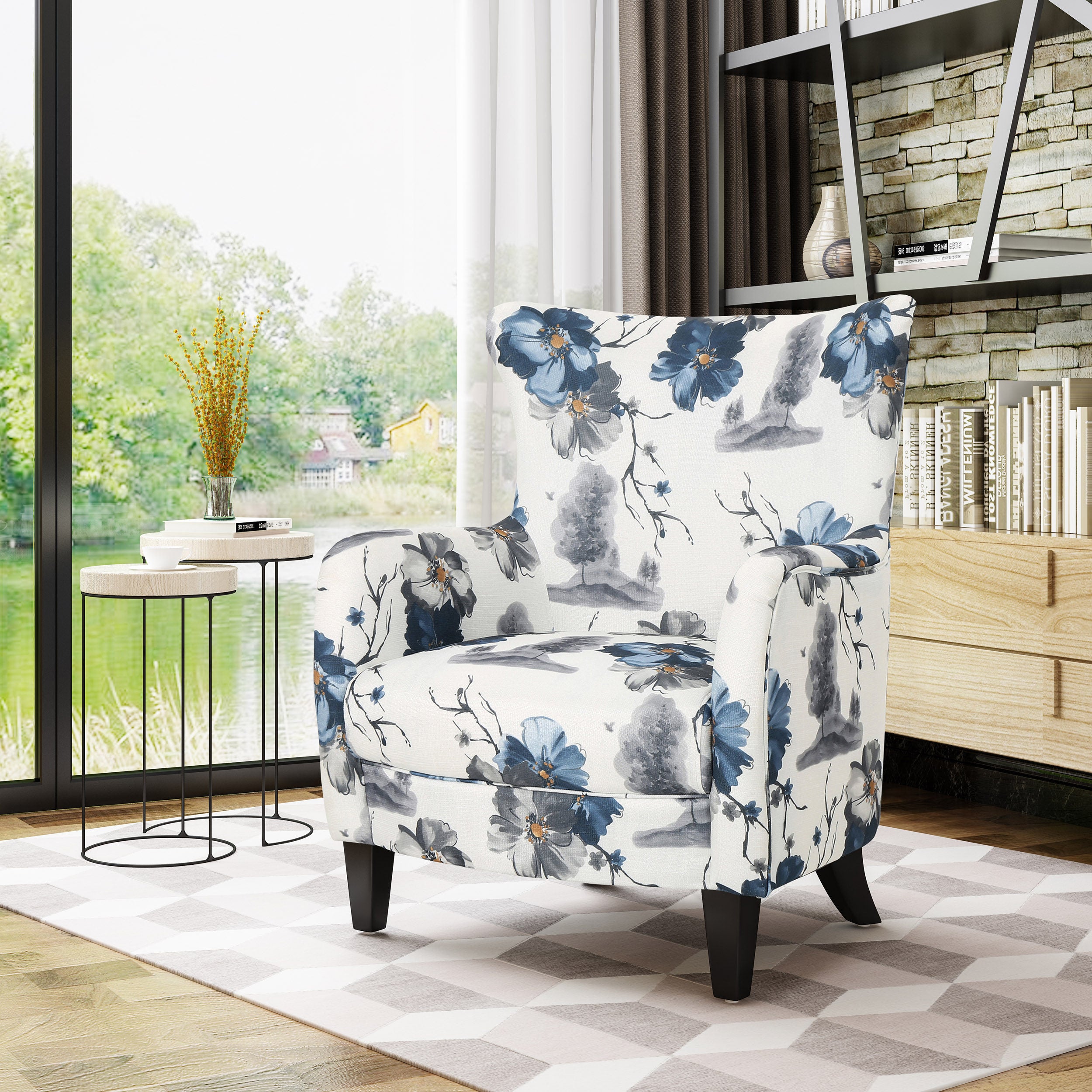 Modern retro printed fabric cushioned club chair, white and blue patterned armchair