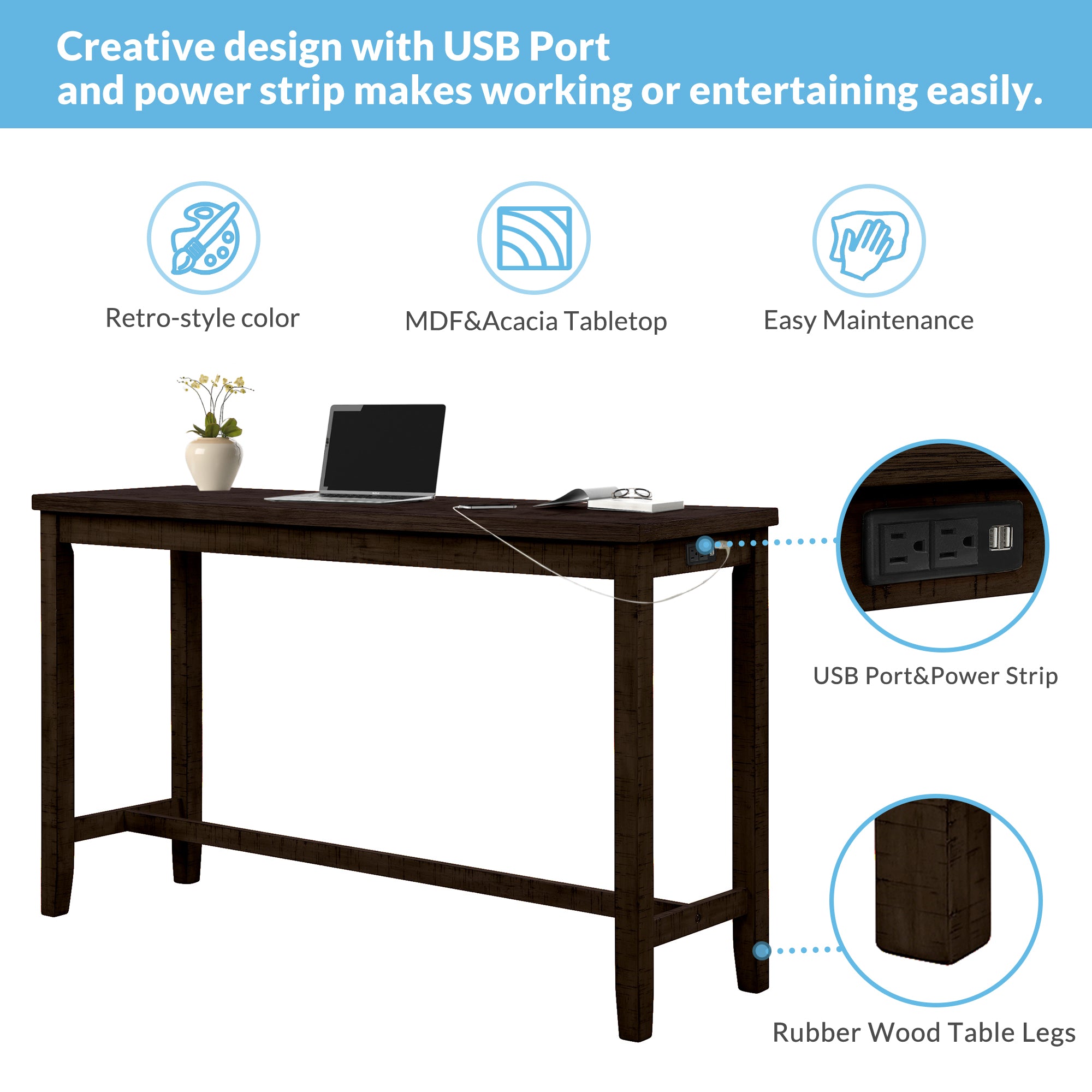 TOPMAX 4 Pieces Counter Height Table with Fabric Padded Stools, Rustic Bar Dining Set with Socket, Brown