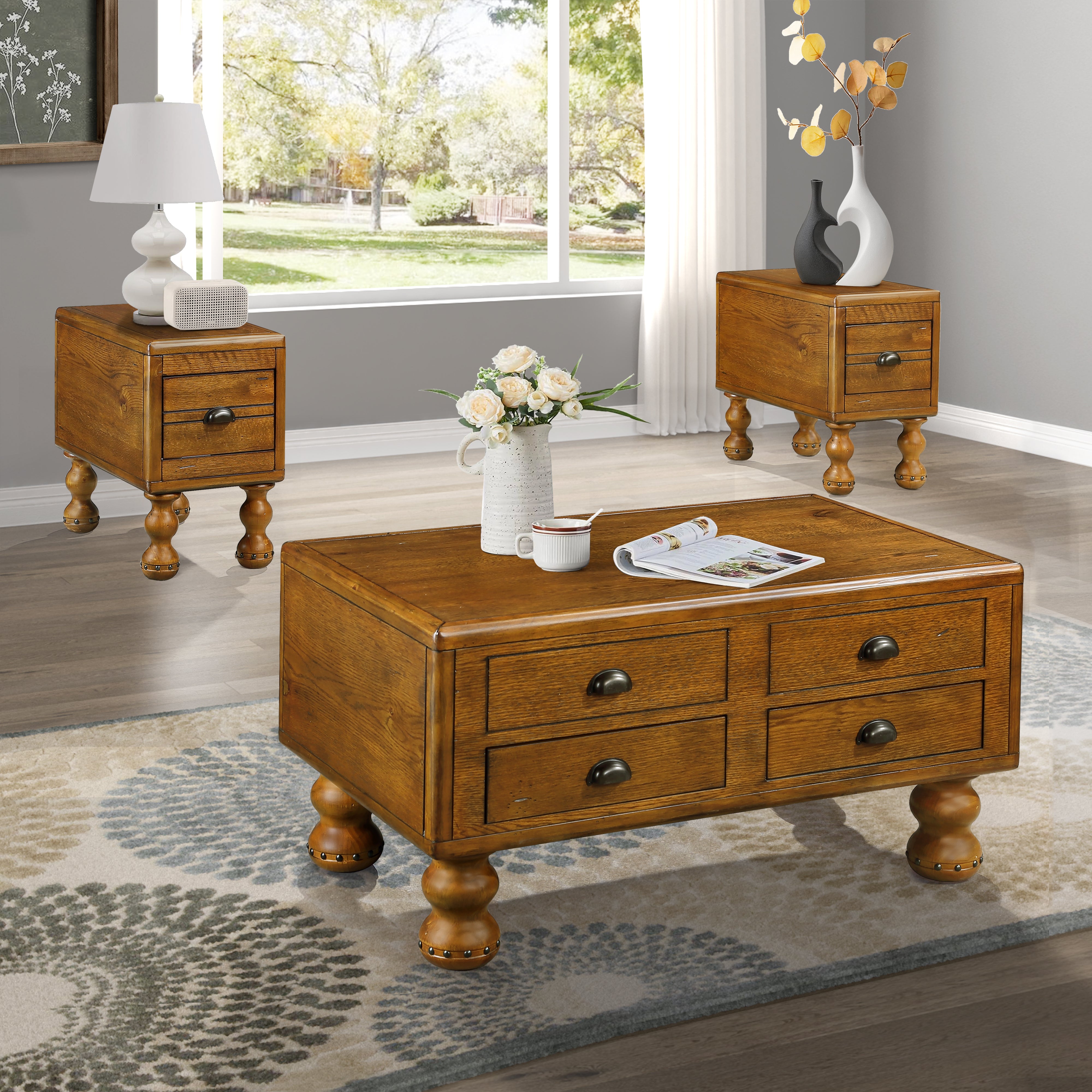 Solid wood end table, rectangular 23.6 inch narrow edge table with drawers, vintage bedside table， Antique Brown