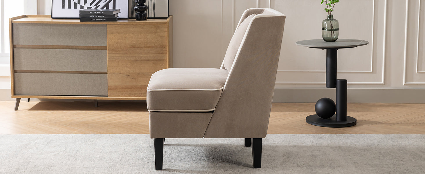 Velvet Upholstered Accent Chair with Cream Piping, Tan and Cream