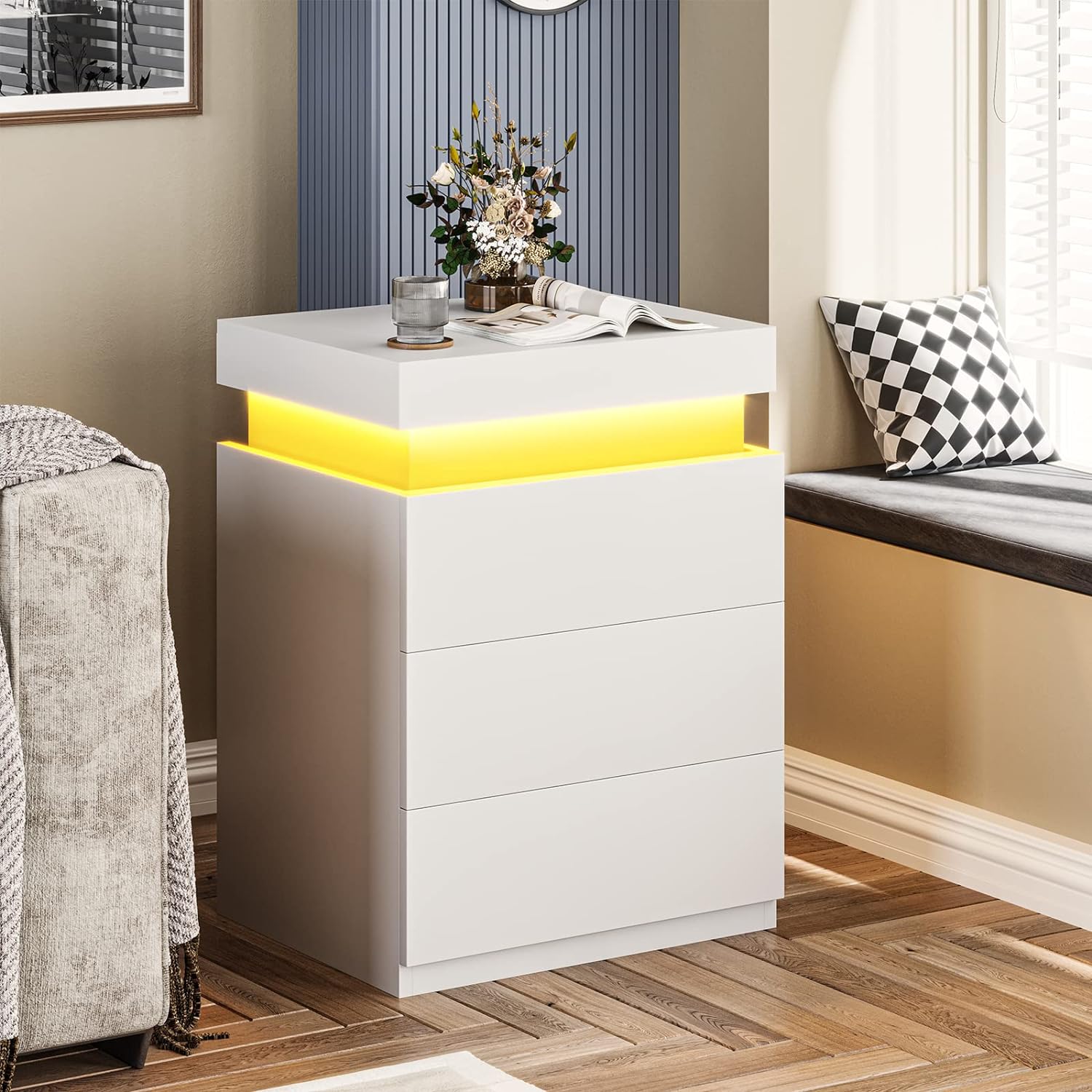 LED White Nightstand With 3 Drawers, Modern Multi-Colour LED Night Table Bedside Tables for Bedroom, Living Room