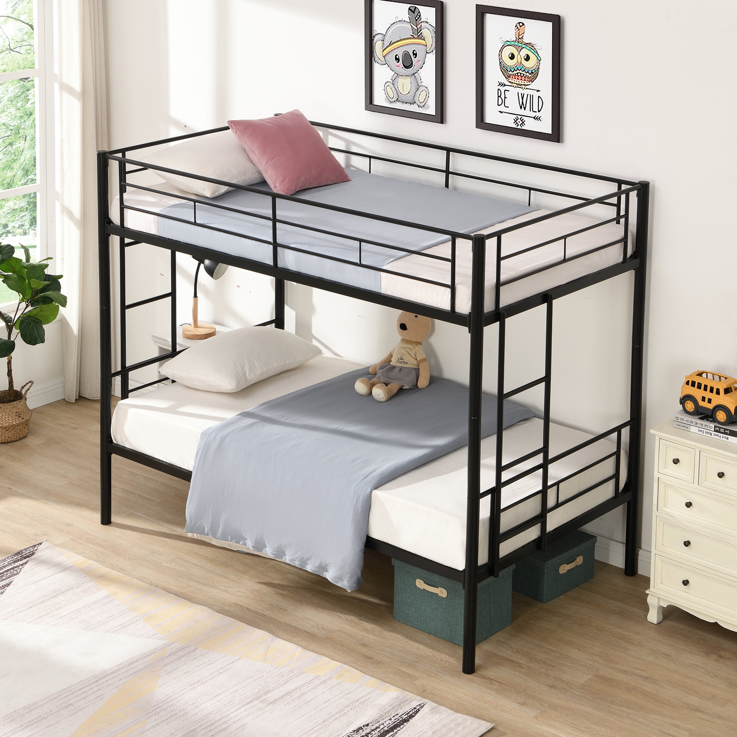 Double decker bed, size above twin bed, with 2 ladders and full-length guardrail, metal, storage space, black