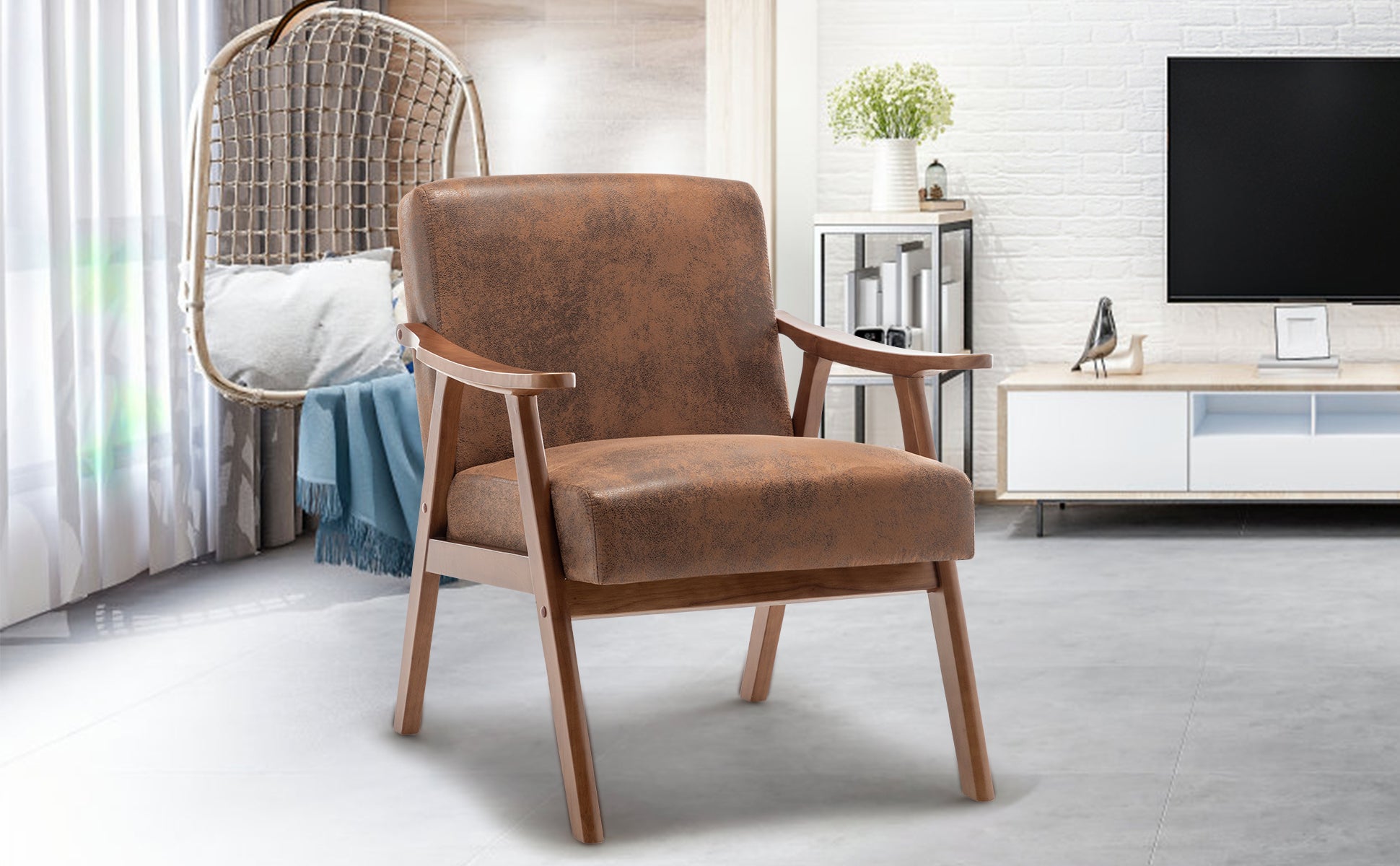 Medieval modern chair, solid wood frame living room chair, accent chair with ultra thick backrest