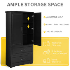 Tall Bathroom Storage Cabinet, Cabinet with Two Doors and Drawers, Adjustable Shelf, MDF Board, Black