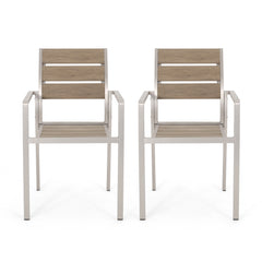 Outdoor Modern Aluminum Dining Chair with Faux Wood Seat (Set of 2), Natural and Silver