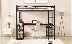 All metal loft bed with desk and shelf, loft bed with ladder and guardrail, black with black desk