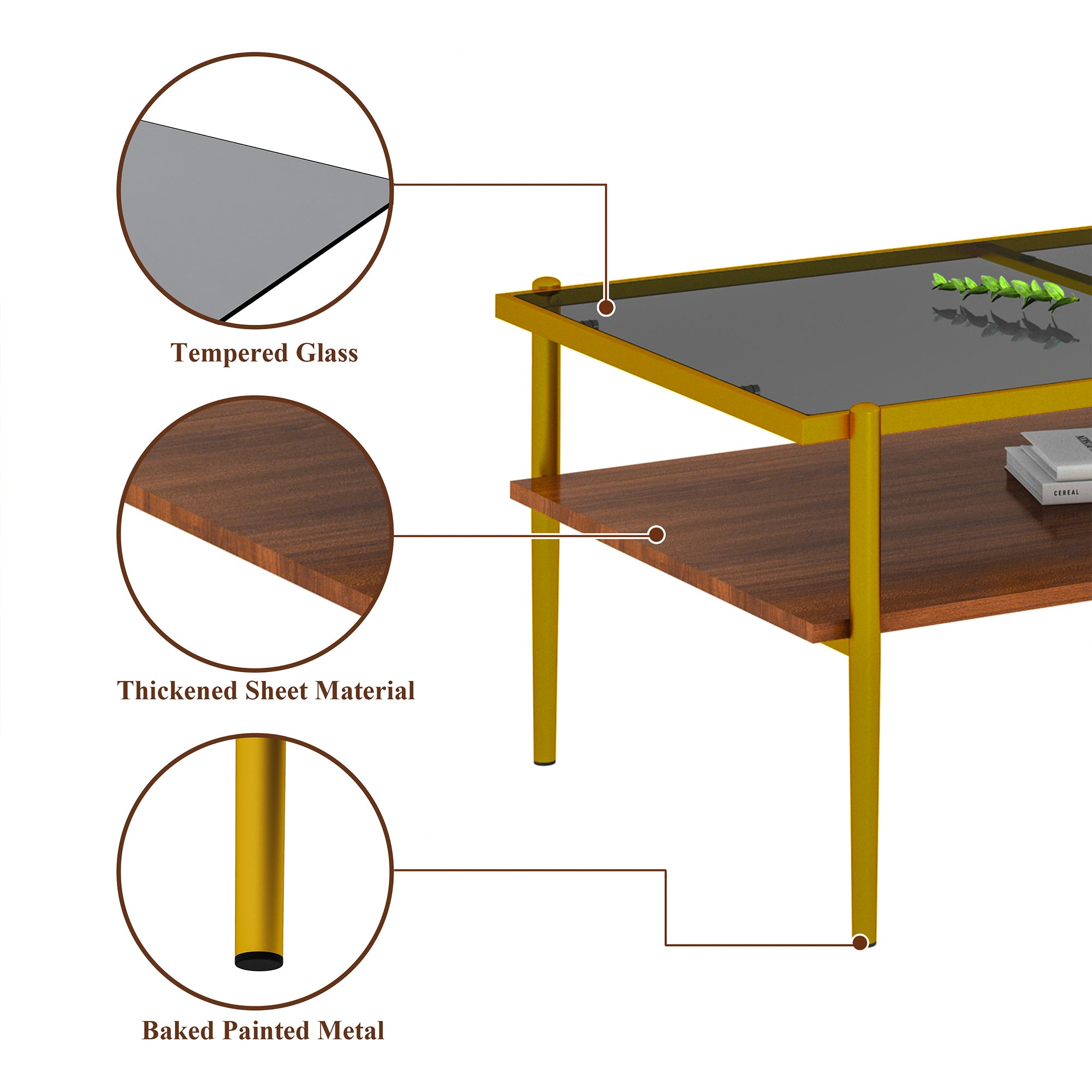 Rectangle Coffee Table with Gray Tempered Glass top and Golden Legs, Modern Table for Living Room