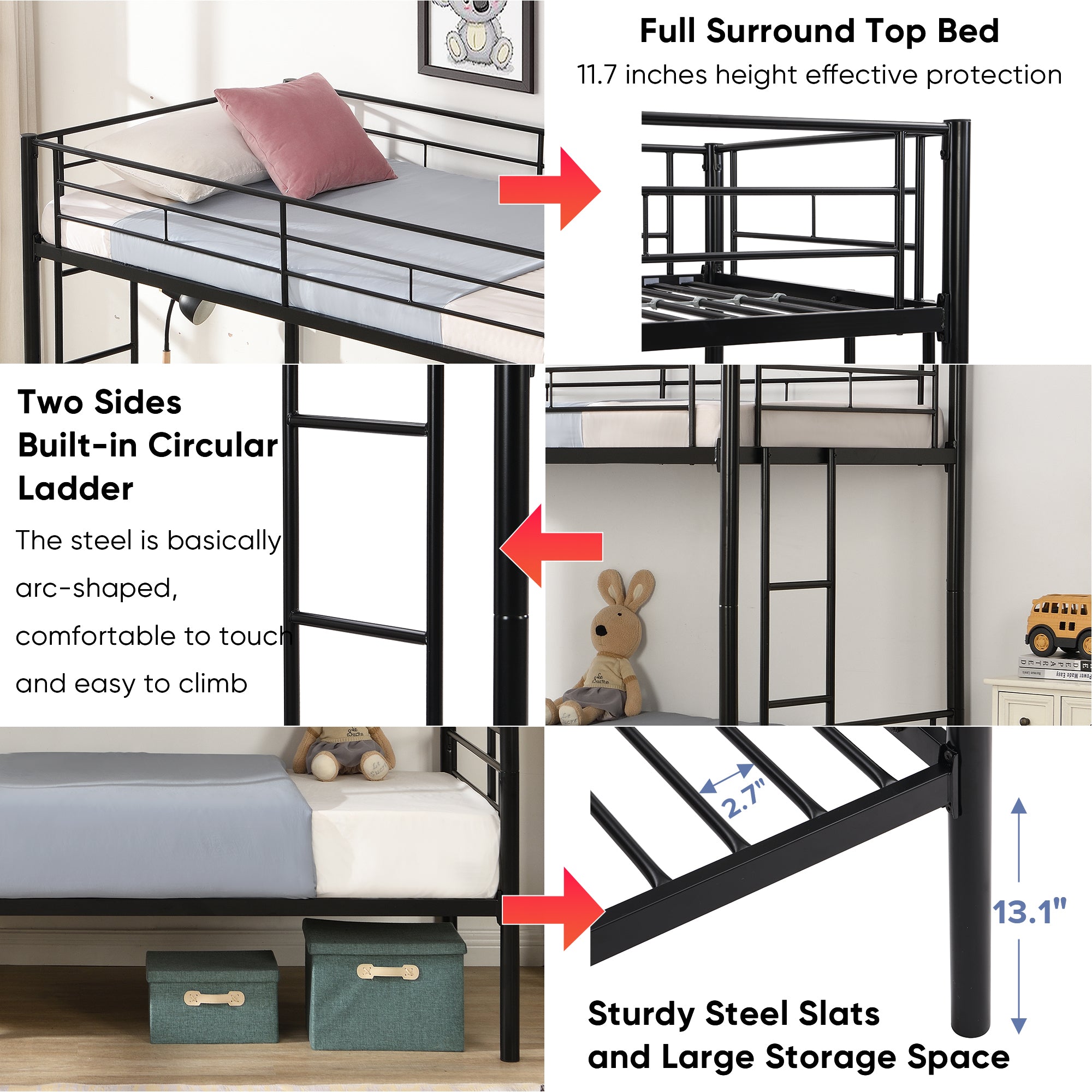 Double decker bed, size above twin bed, with 2 ladders and full-length guardrail, metal, storage space, black