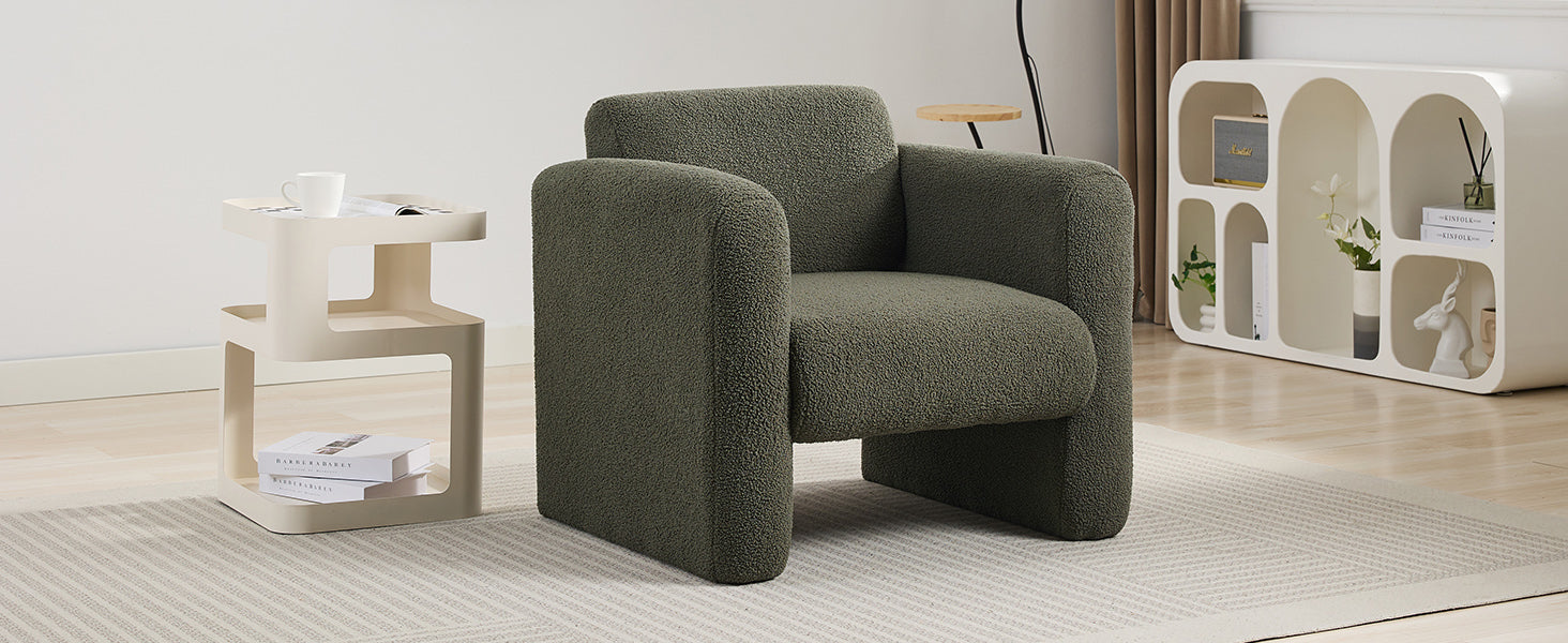 Modern style chair with sheepskin Sherpa fabric soft cushion, comfortable armchair, soft with backrest and pillow, seaweed green