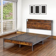 Bed frame with charging station full size, Rustic Brown, 83.1'' L x 56.1'' W x 39'' H