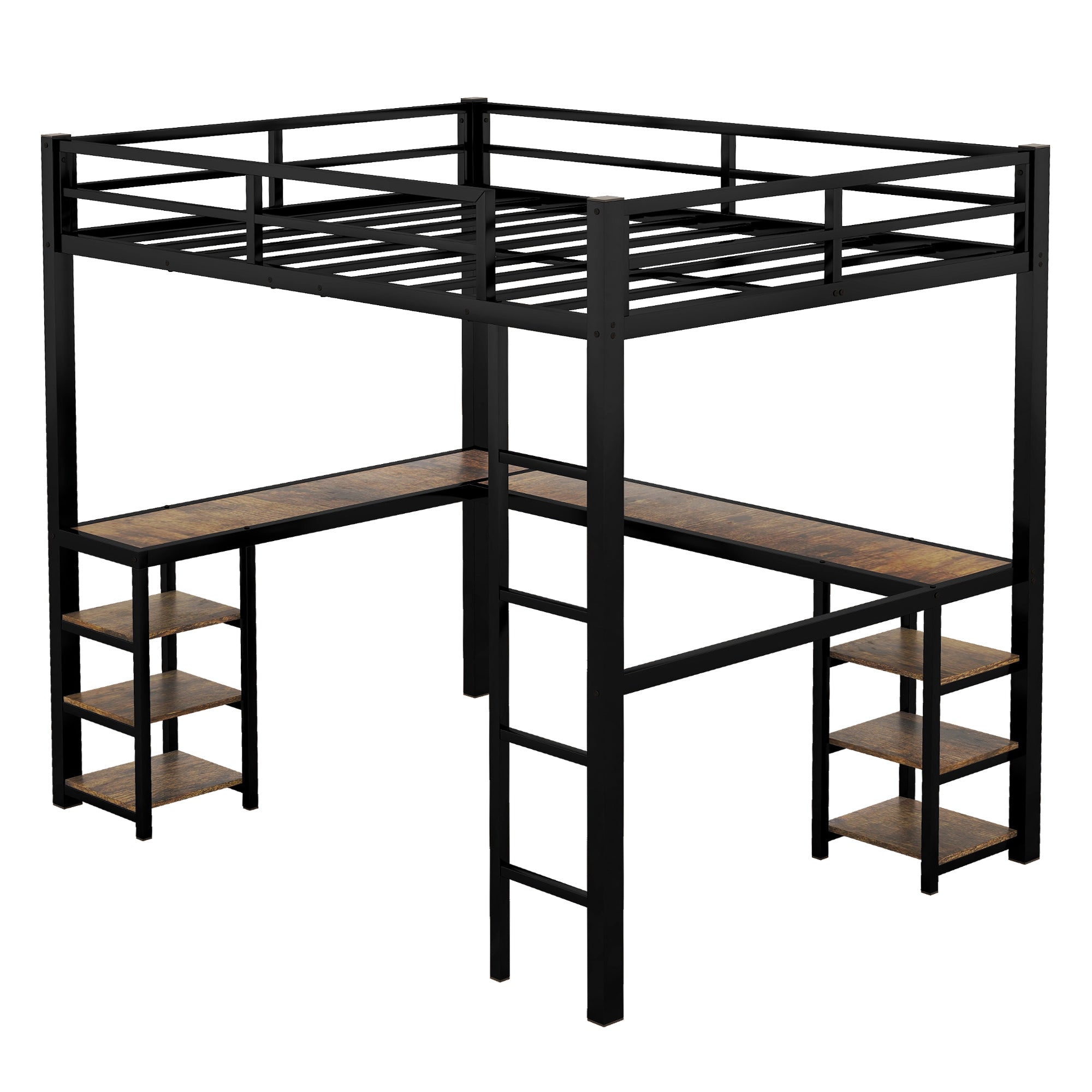 Full metal loft bed with desk and shelf, loft bed with ladder and guardrail, black with retro wood desk