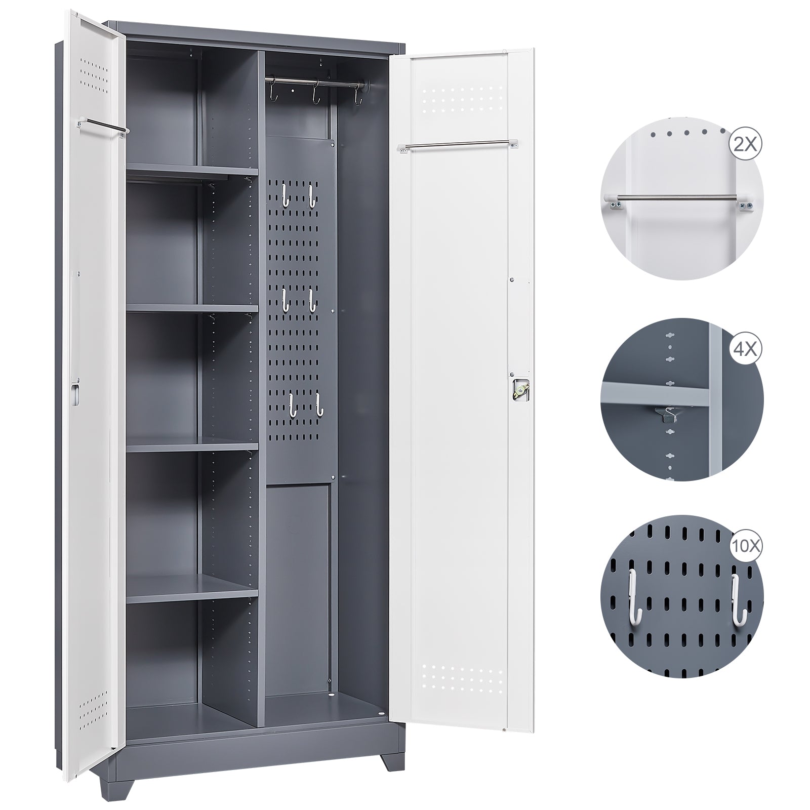 Metal storage cabinets, lockable cleaning tool cabinets, high broom tool organizers, and large storage cabinets in storage store