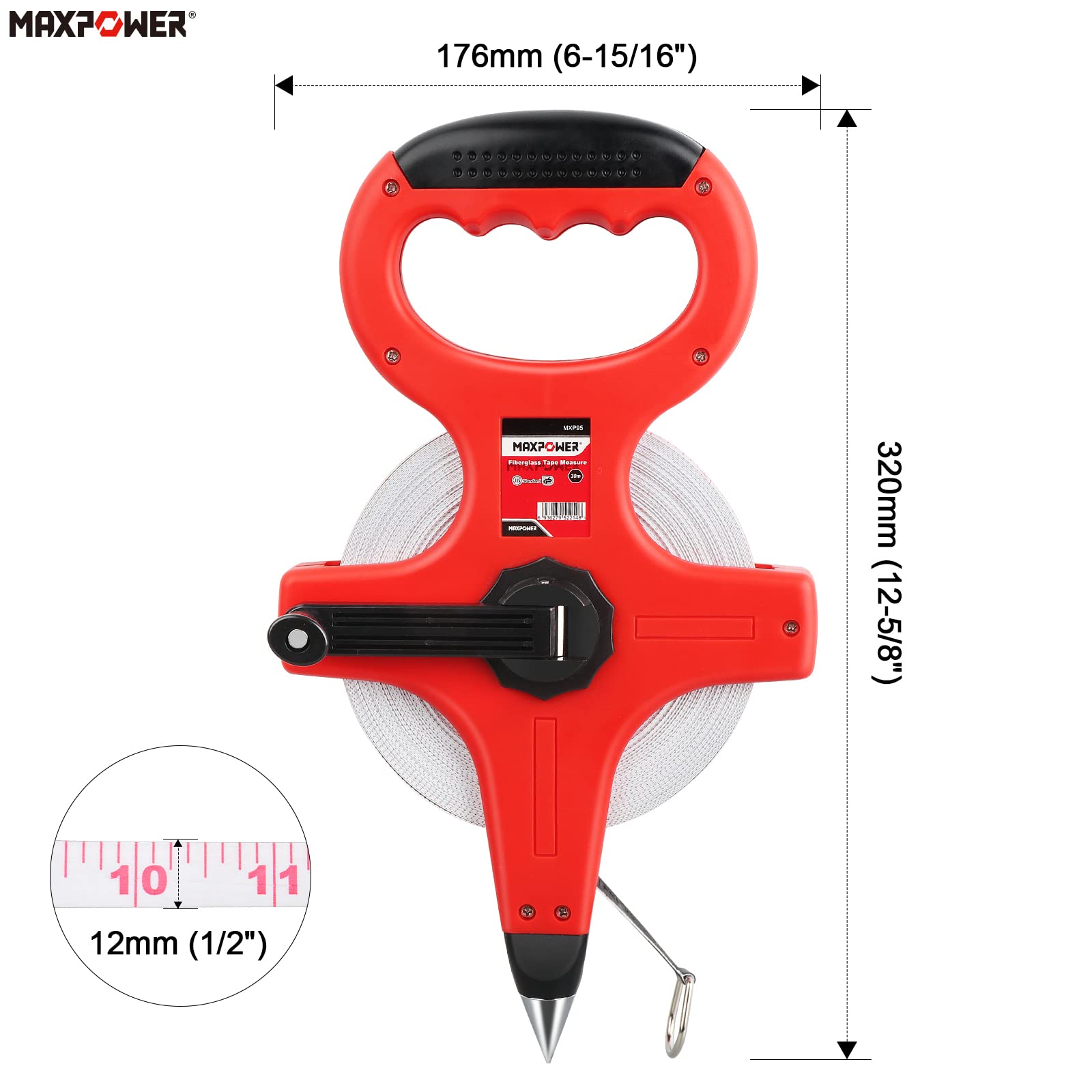 30M/50M/100M Industrial Long Tape Fiberglass Engineer Unwind Double-Sided Measuring Wheel