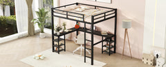 All metal loft bed with desk and shelf, loft bed with ladder and guardrail, black with black desk