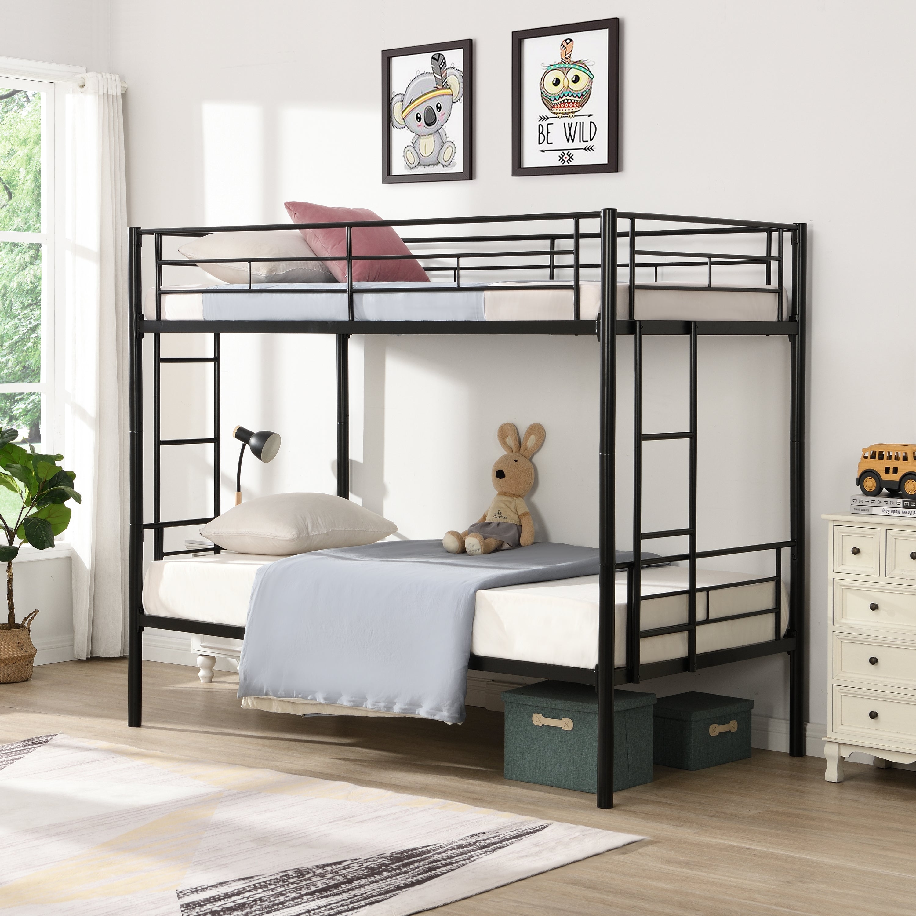 Double decker bed, size above twin bed, with 2 ladders and full-length guardrail, metal, storage space, black