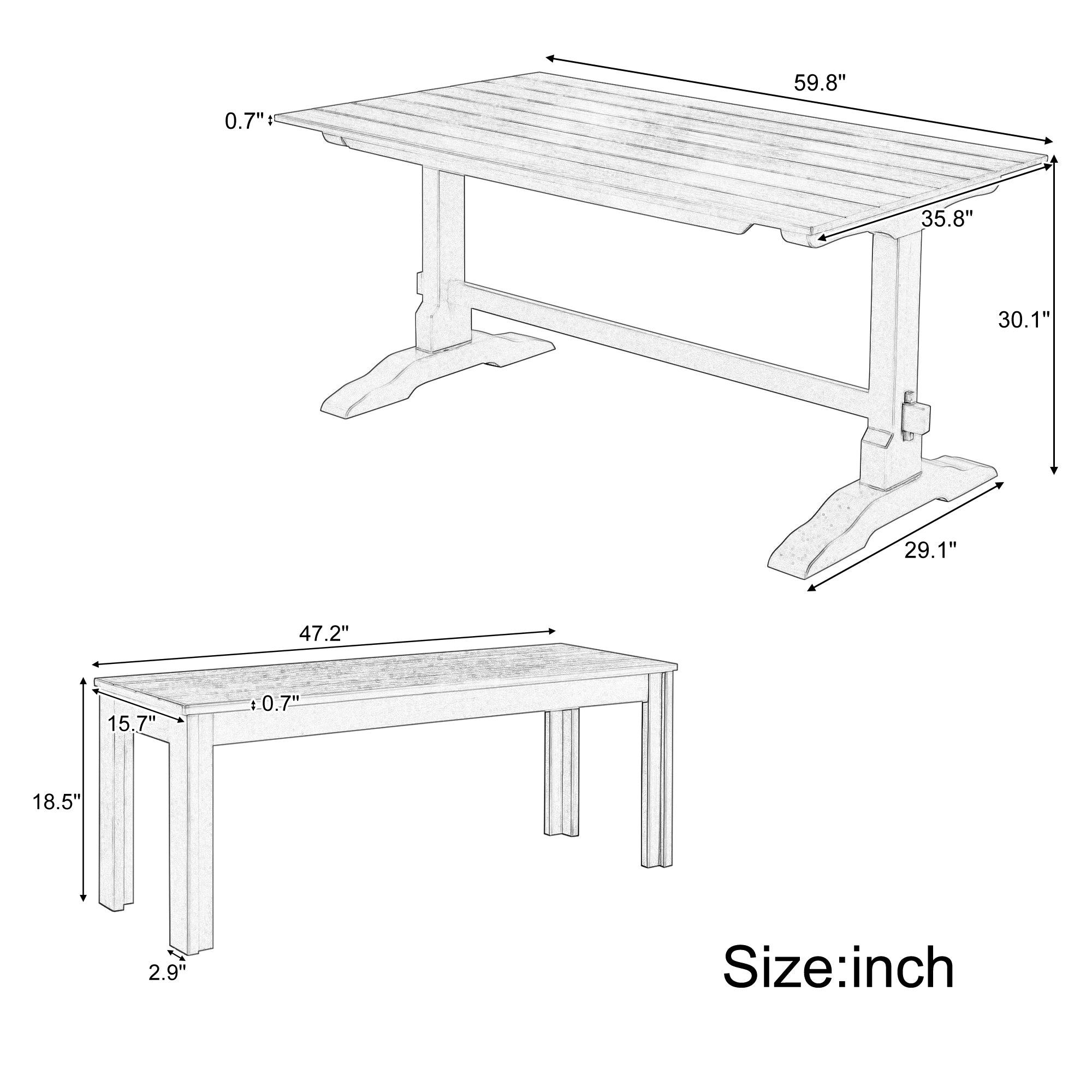 TREXM 3-piece retro dining table, rectangular stand table, and 2 4-person wooden stools (made of natural wood)