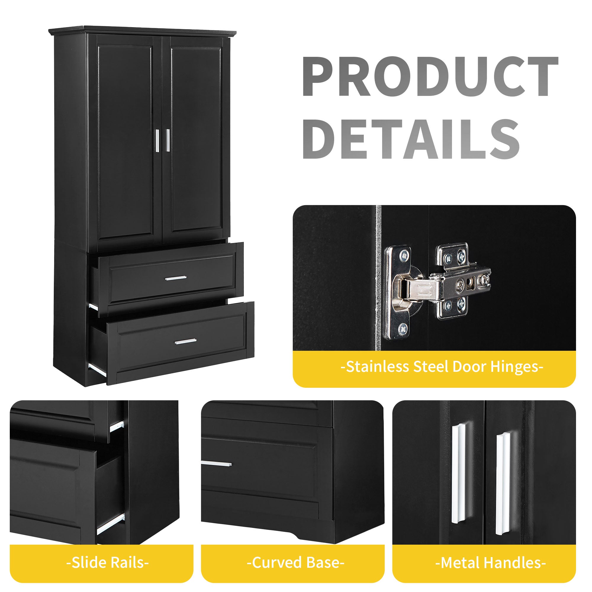 Tall Bathroom Storage Cabinet, Cabinet with Two Doors and Drawers, Adjustable Shelf, MDF Board, Black