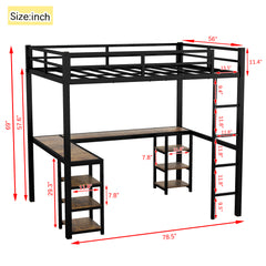 Full Metal Loft Bed with Desk and Shelves, Loft Bed with Ladder and Guardrails, Loft Bed Frame for Bedroom, Black