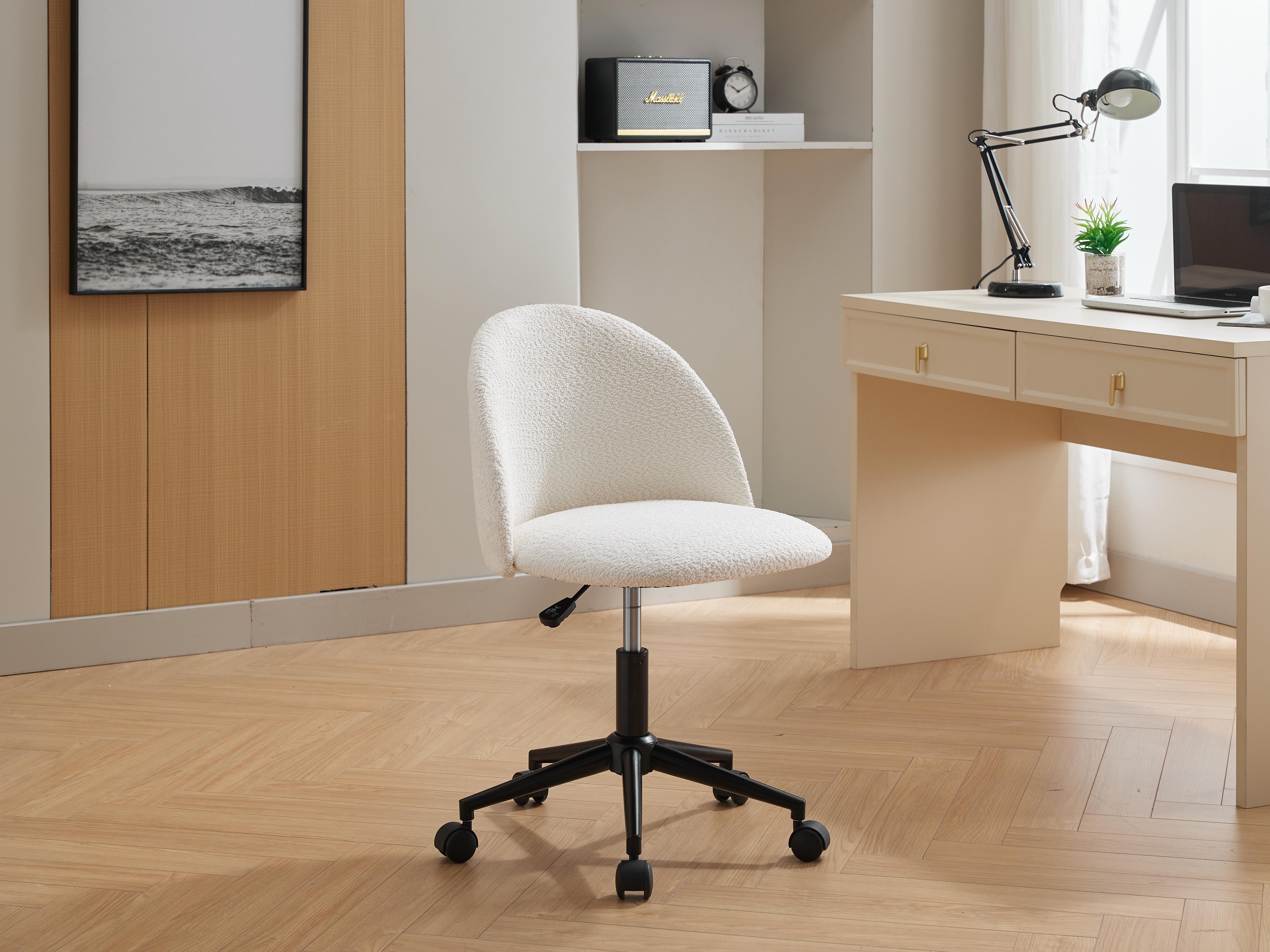 Velvet fabric office chair, mid back adjustable rotating computer chair, black legs, cushioned office chair with wheels ，White