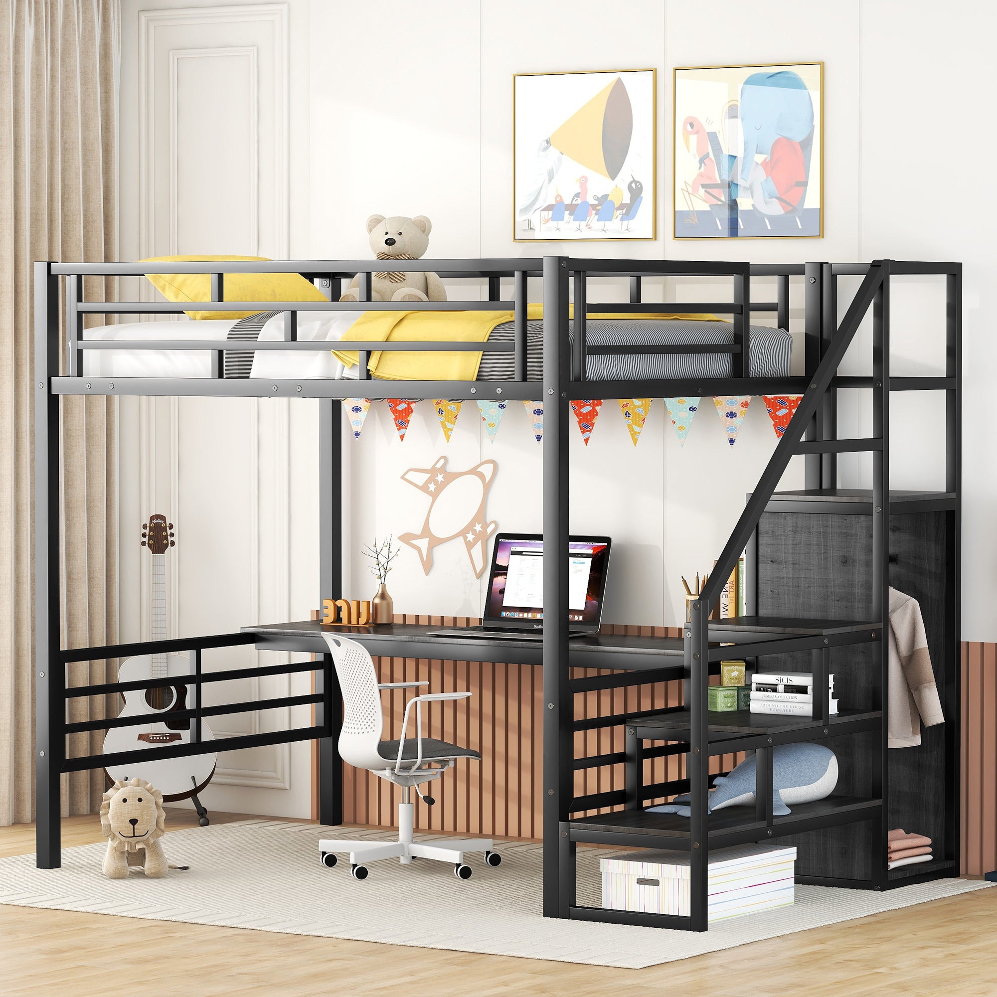 Full Size Metal Loft Bed with Desk, Storage Staircase and Small Wardrobe, Storage stairs can be installed left and right,Black