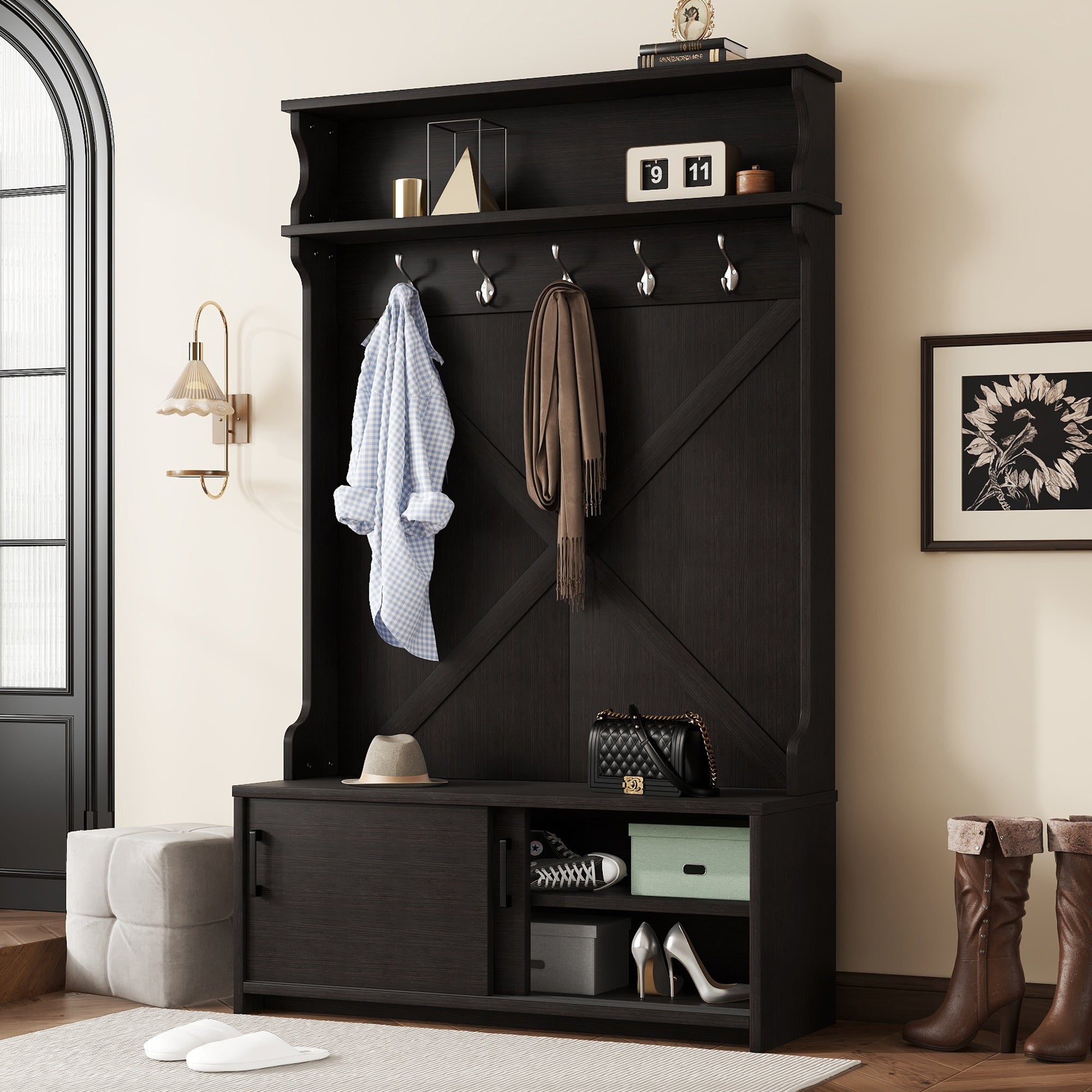 Hall tree with roof rack and storage platform, corridor shoe cabinet with sliding door, clothes hanger with 5 hooks black