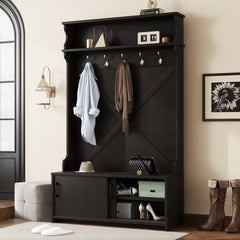 Hall tree with roof rack and storage platform, corridor shoe cabinet with sliding door, clothes hanger with 5 hooks black