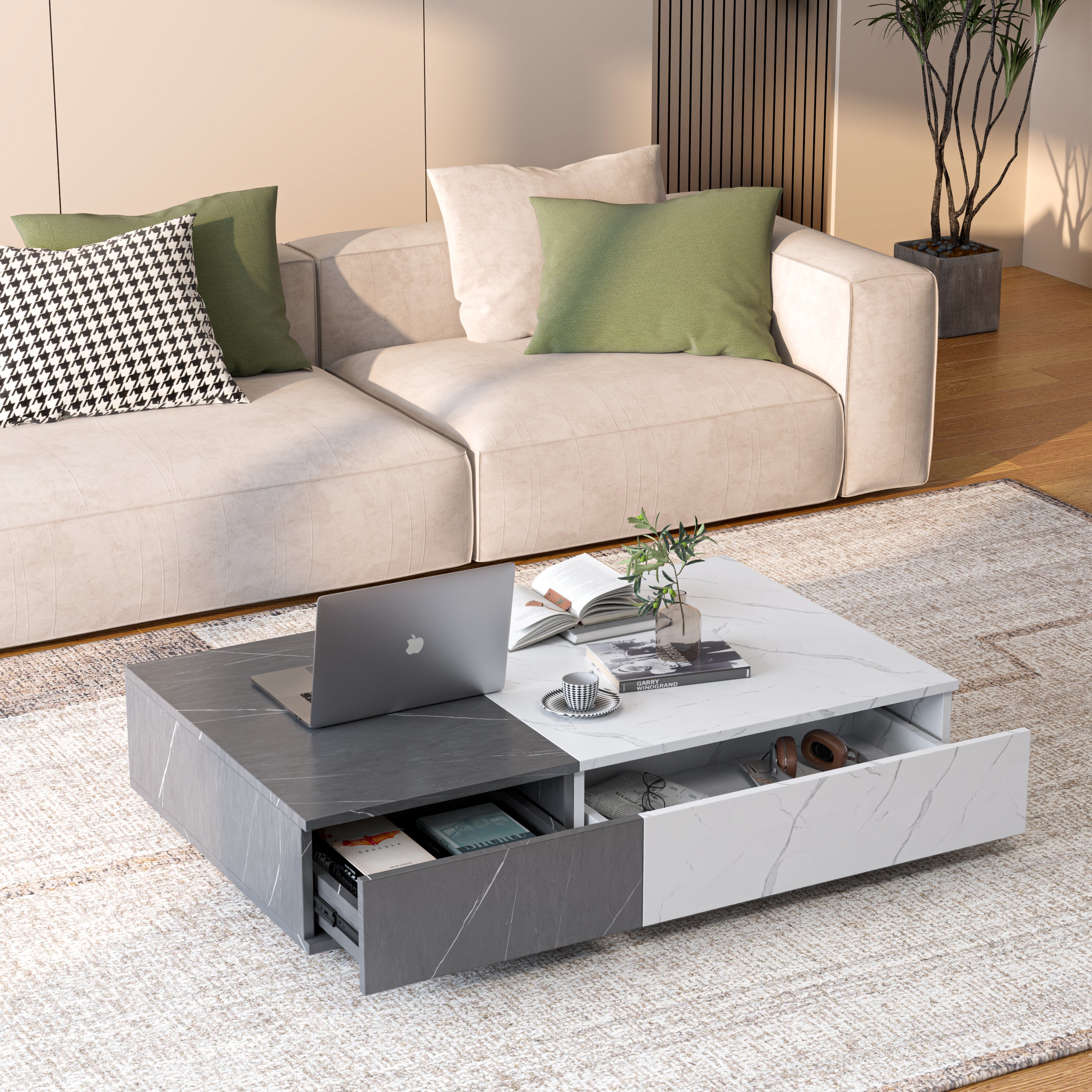 Modern style black and white coffee table with two storage spaces