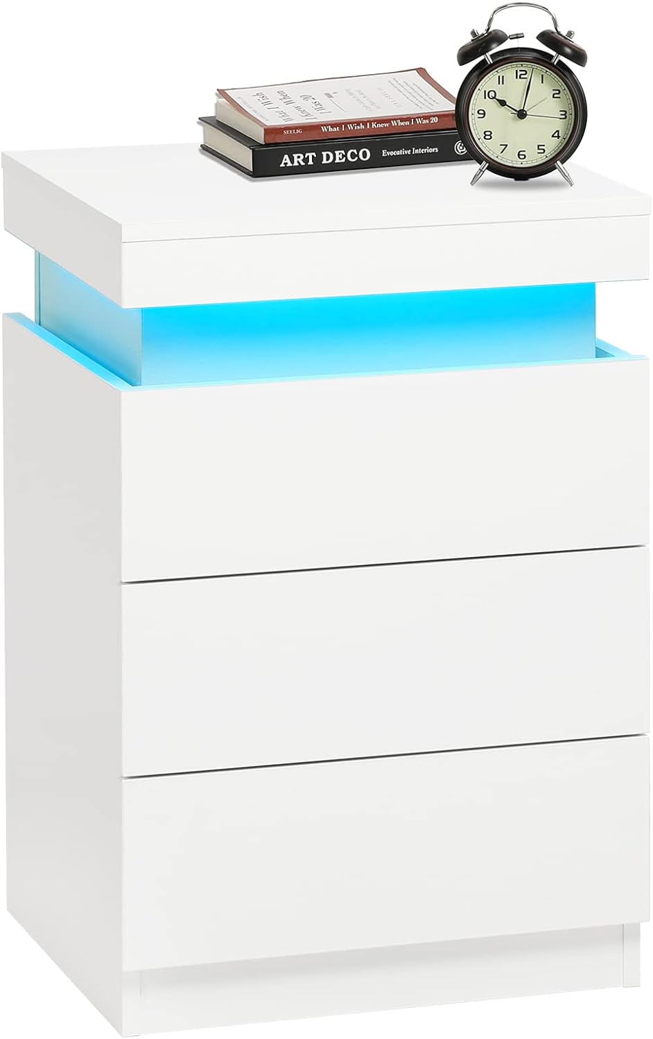 LED White Nightstand With 3 Drawers, Modern Multi-Colour LED Night Table Bedside Tables for Bedroom, Living Room