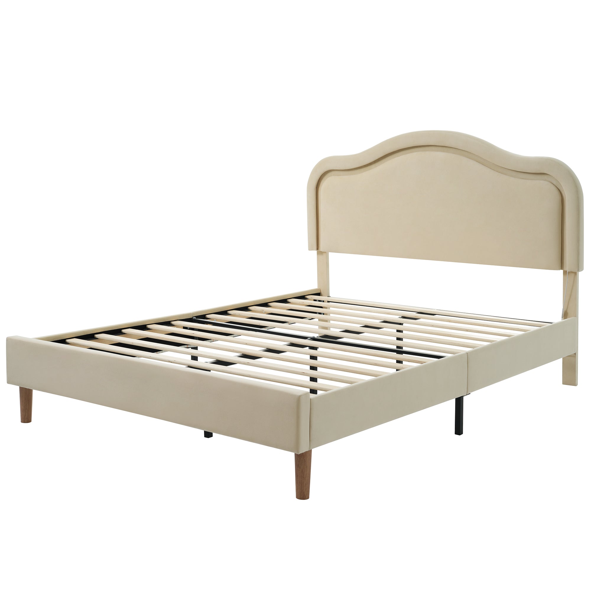 Full Size Velvet Upholstered Smart LED Bed Frame with Adjustable Height Headboard,No Box Spring Needed,Easy Assembly,Beige