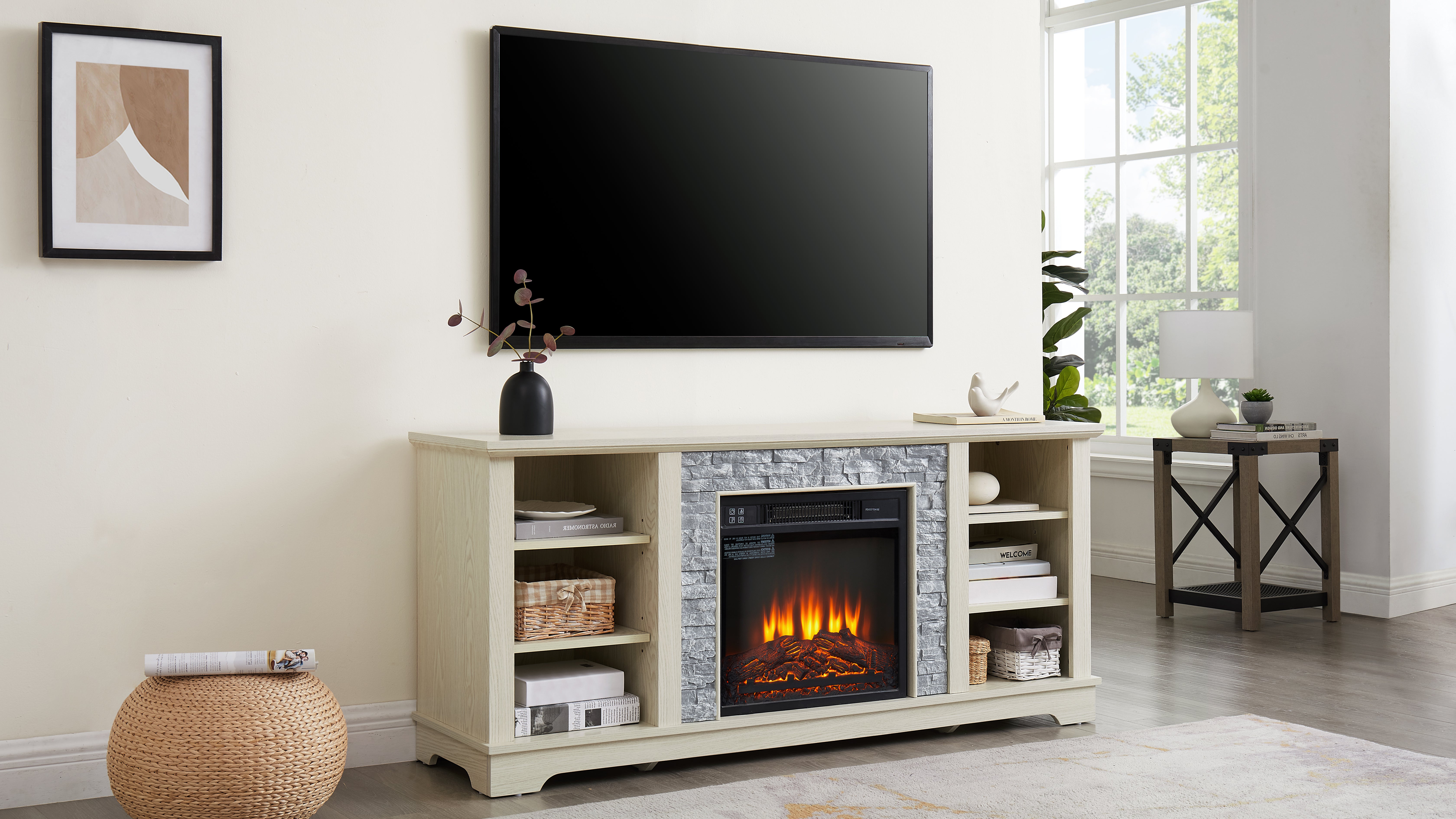 Mantel electric fireplace stone TV media stand, open storage console space, with 18 inch fireplace insert, white