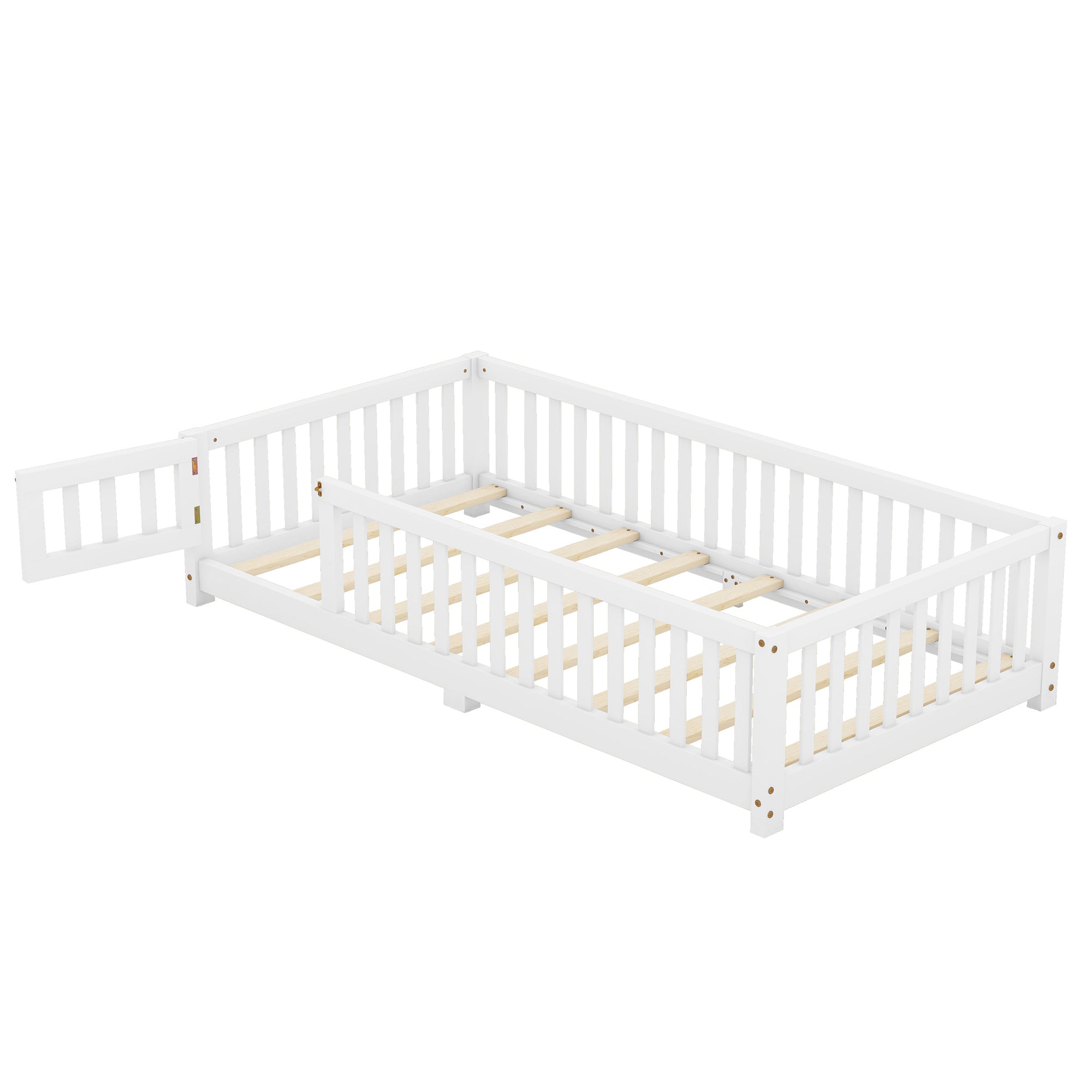 Twin Size Bed Floor Bed with Safety Guardrails and Door for Kids, White