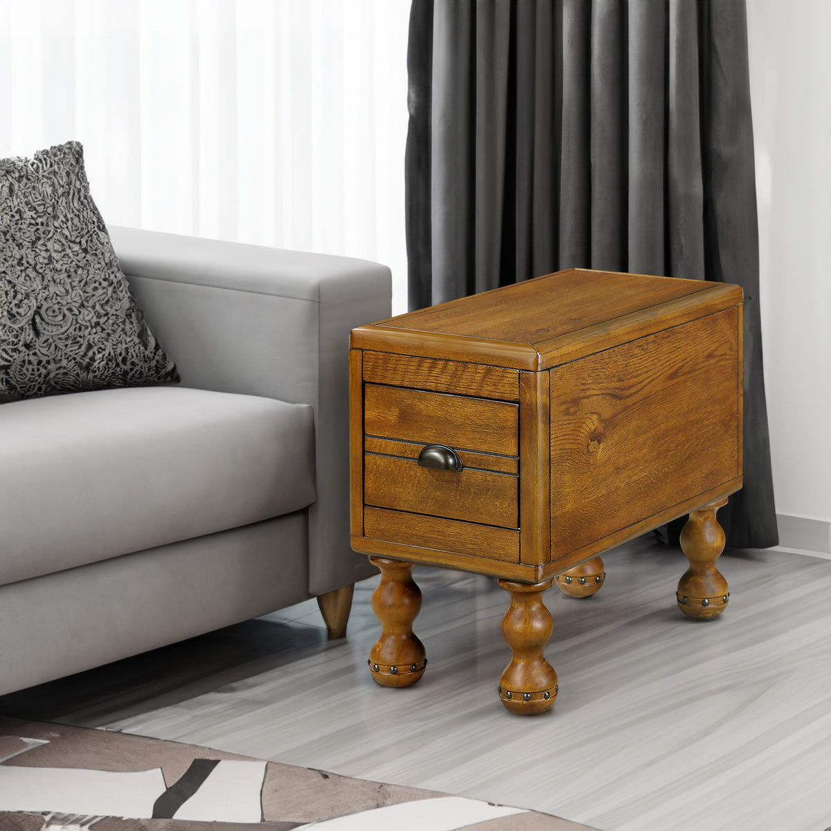 Solid wood end table, rectangular 23.6 inch narrow edge table with drawers, vintage bedside table， Antique Brown