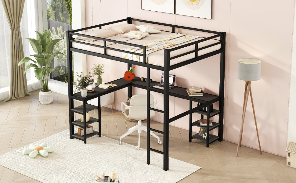 All metal loft bed with desk and shelf, loft bed with ladder and guardrail, black with black desk