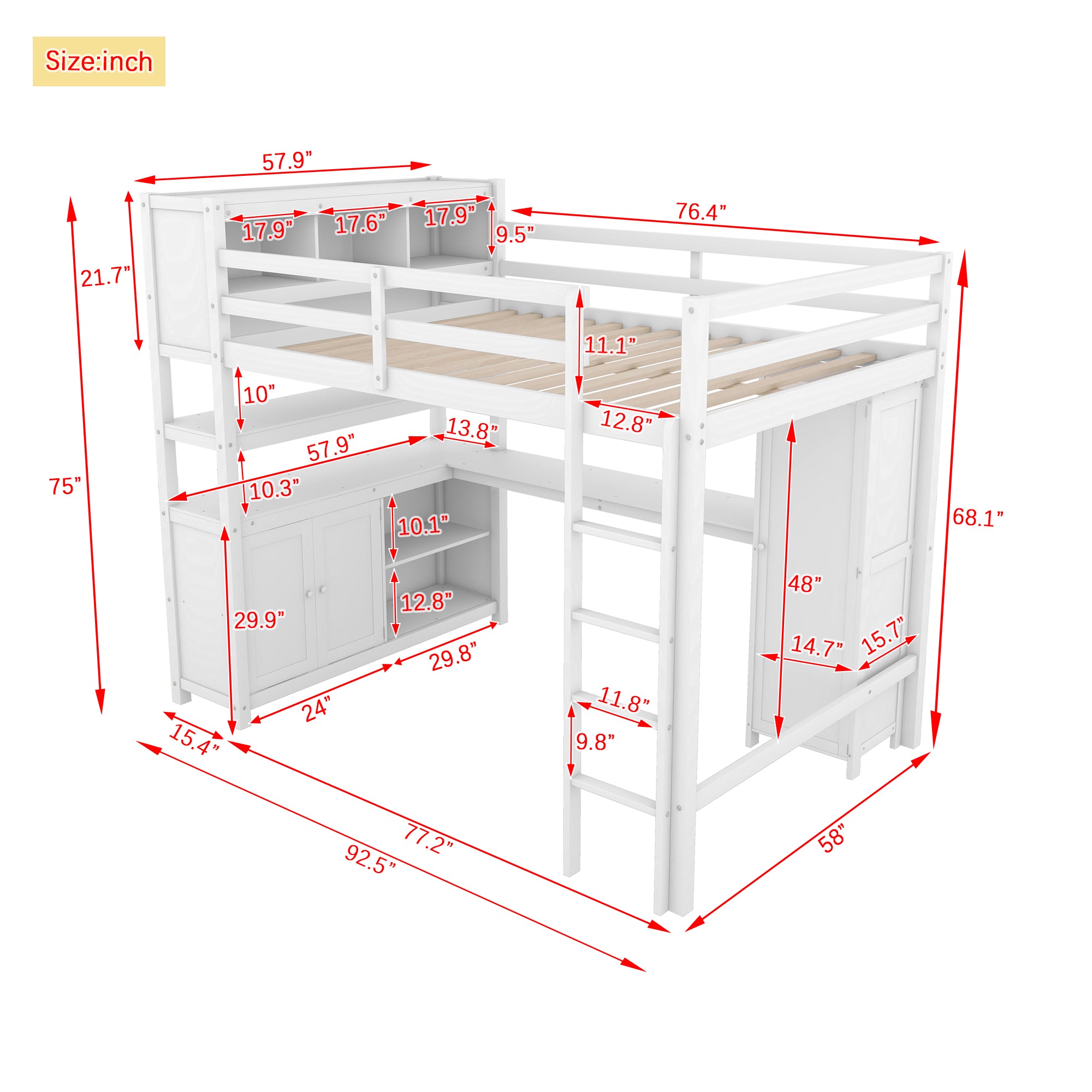 Wood Loft Bed with Cabinet and Bookshelf, Full Size Loft with Wardrobe and Desk for Kids,White