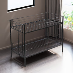 Double decker bed, size above twin bed, with 2 ladders and full-length guardrail, metal, storage space, black