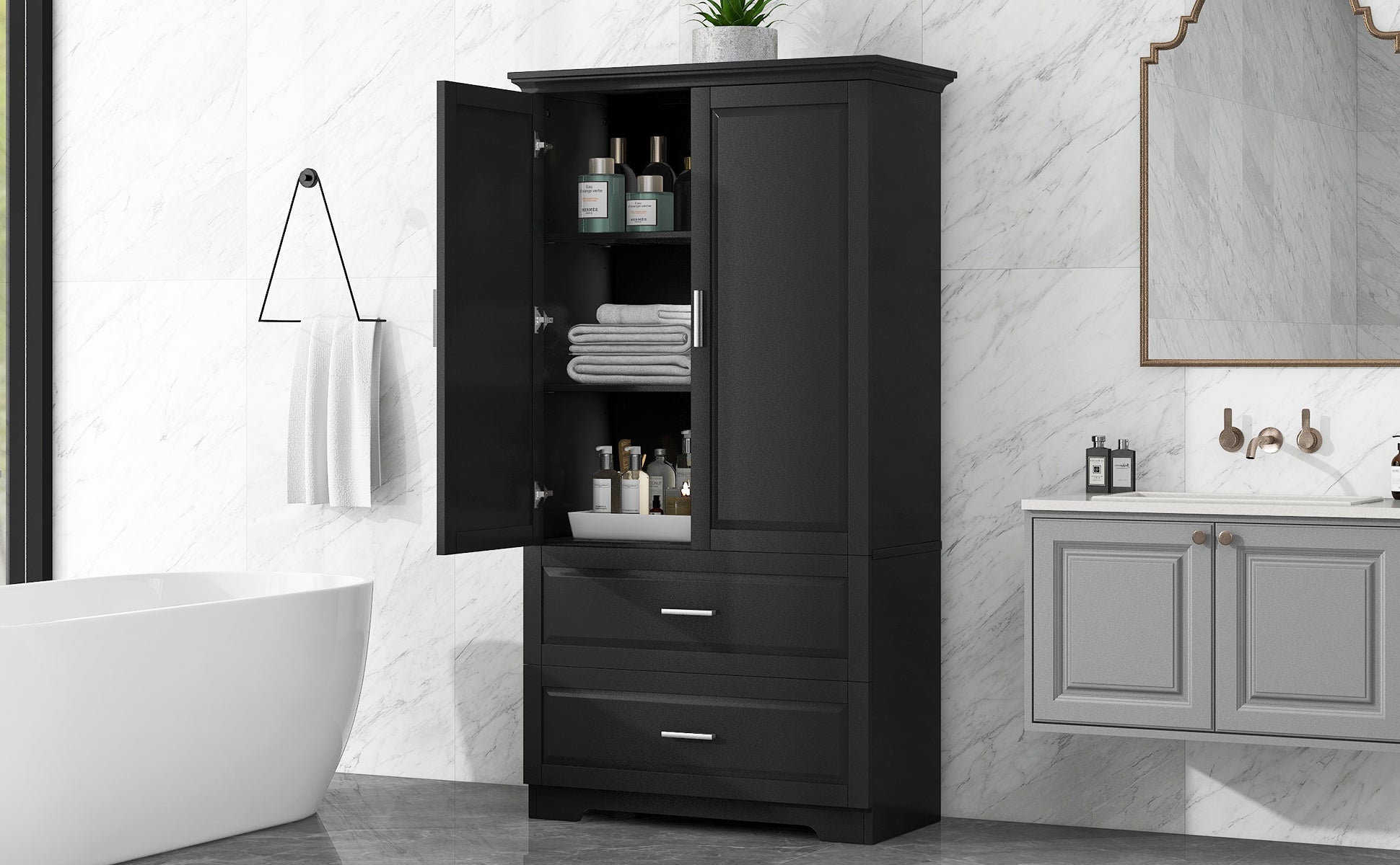 Tall Bathroom Storage Cabinet, Cabinet with Two Doors and Drawers, Adjustable Shelf, MDF Board, Black