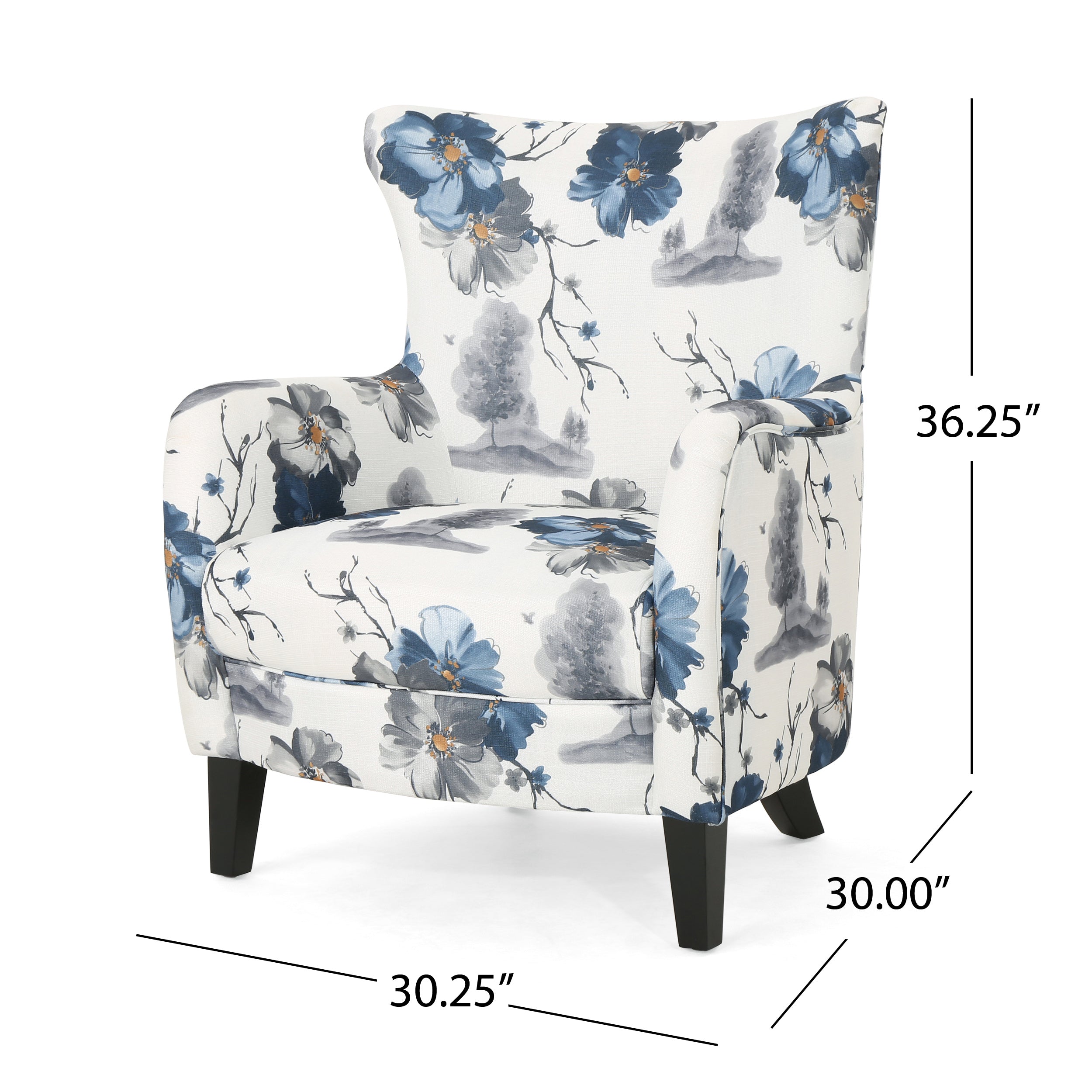 Modern retro printed fabric cushioned club chair, white and blue patterned armchair