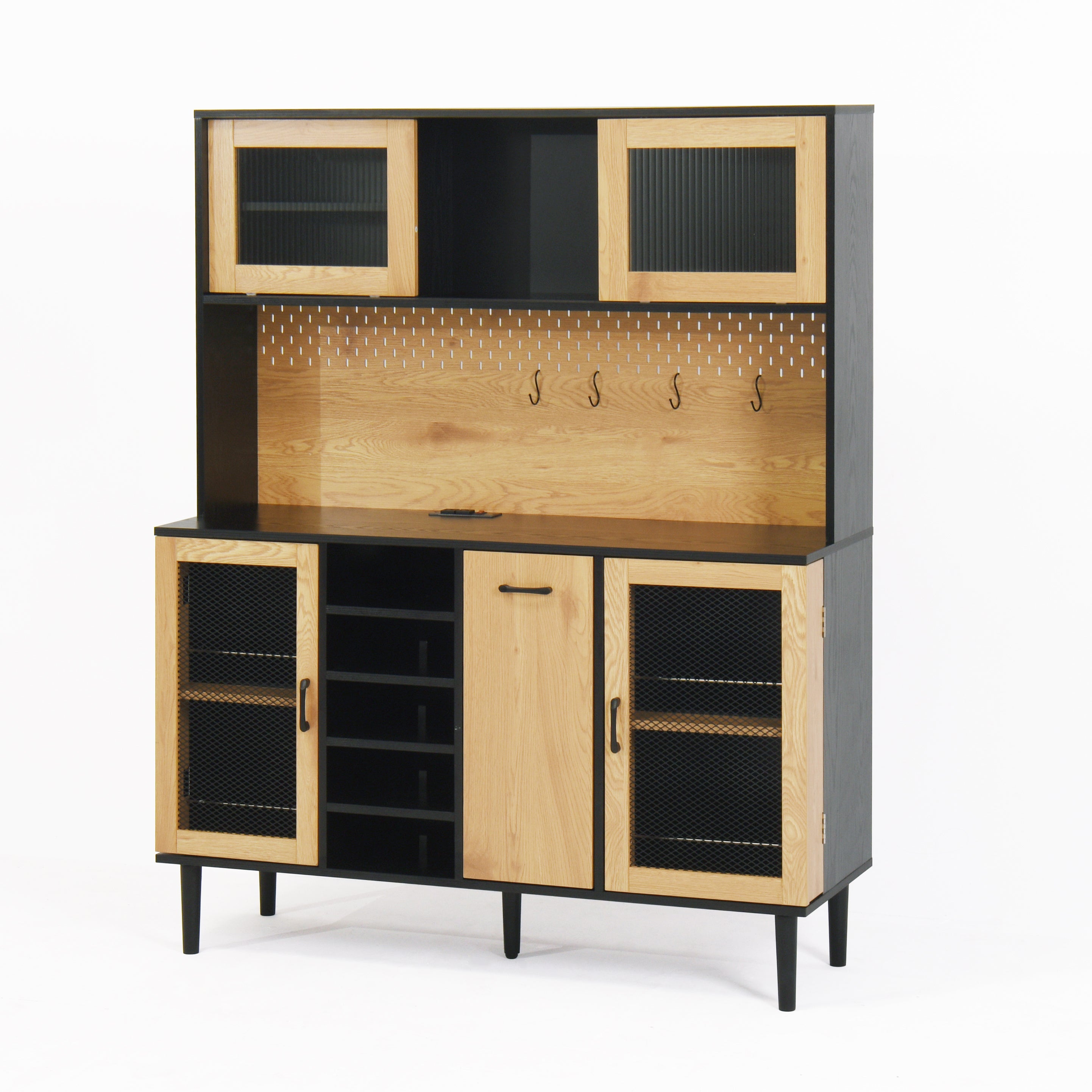 59 "H buffet side cabinet with storage door and power outlet, coffee bar cabinet with wine rack, black and natural colors