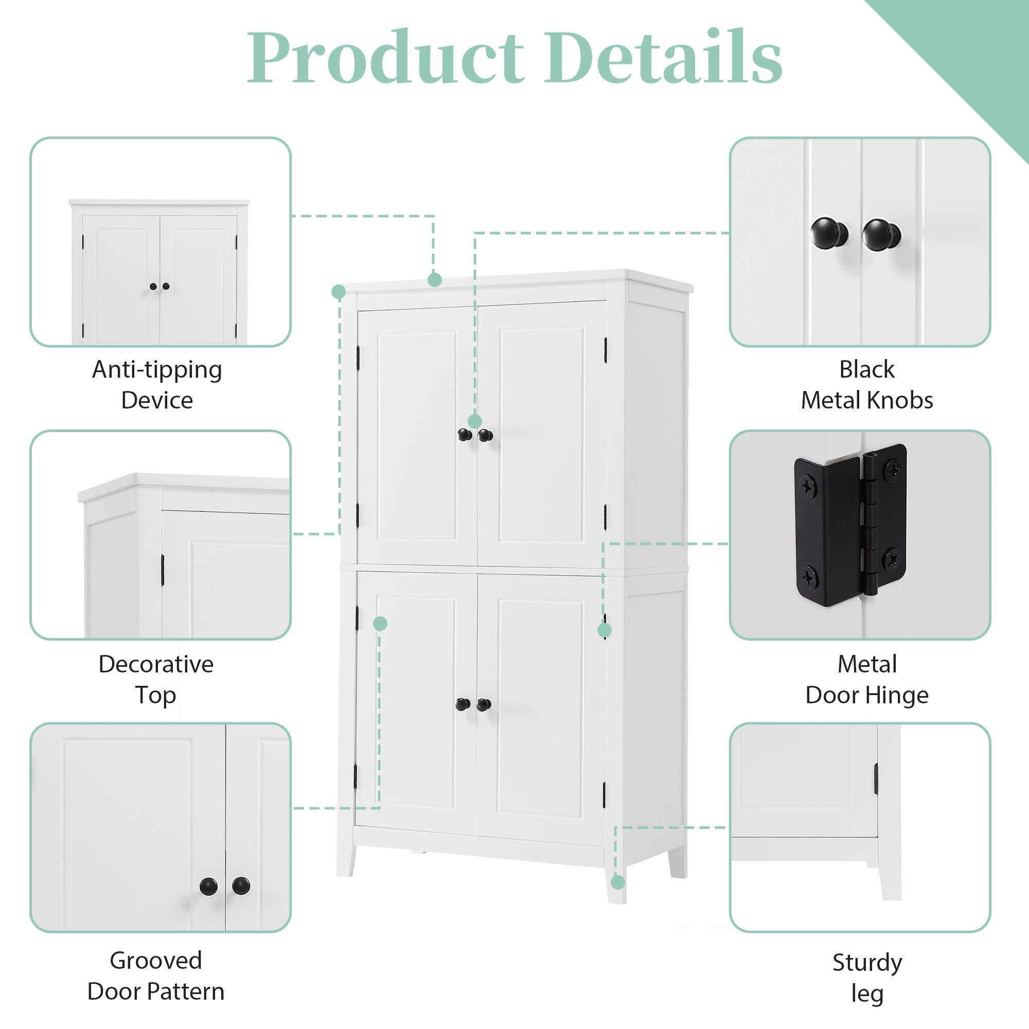 Bathroom floor storage cabinet, bathroom storage unit, 4-door independent cabinet, adjustable shelf, adaptive shelf, white