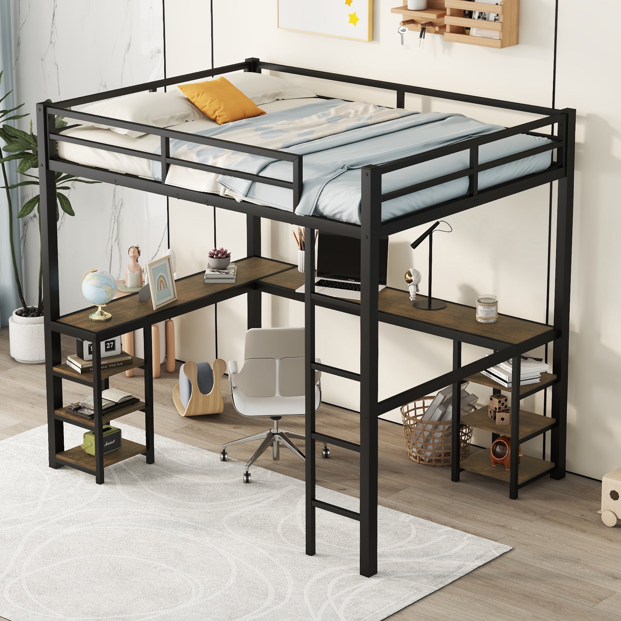 Full metal loft bed with desk and shelf, loft bed with ladder and guardrail, black with retro wood desk