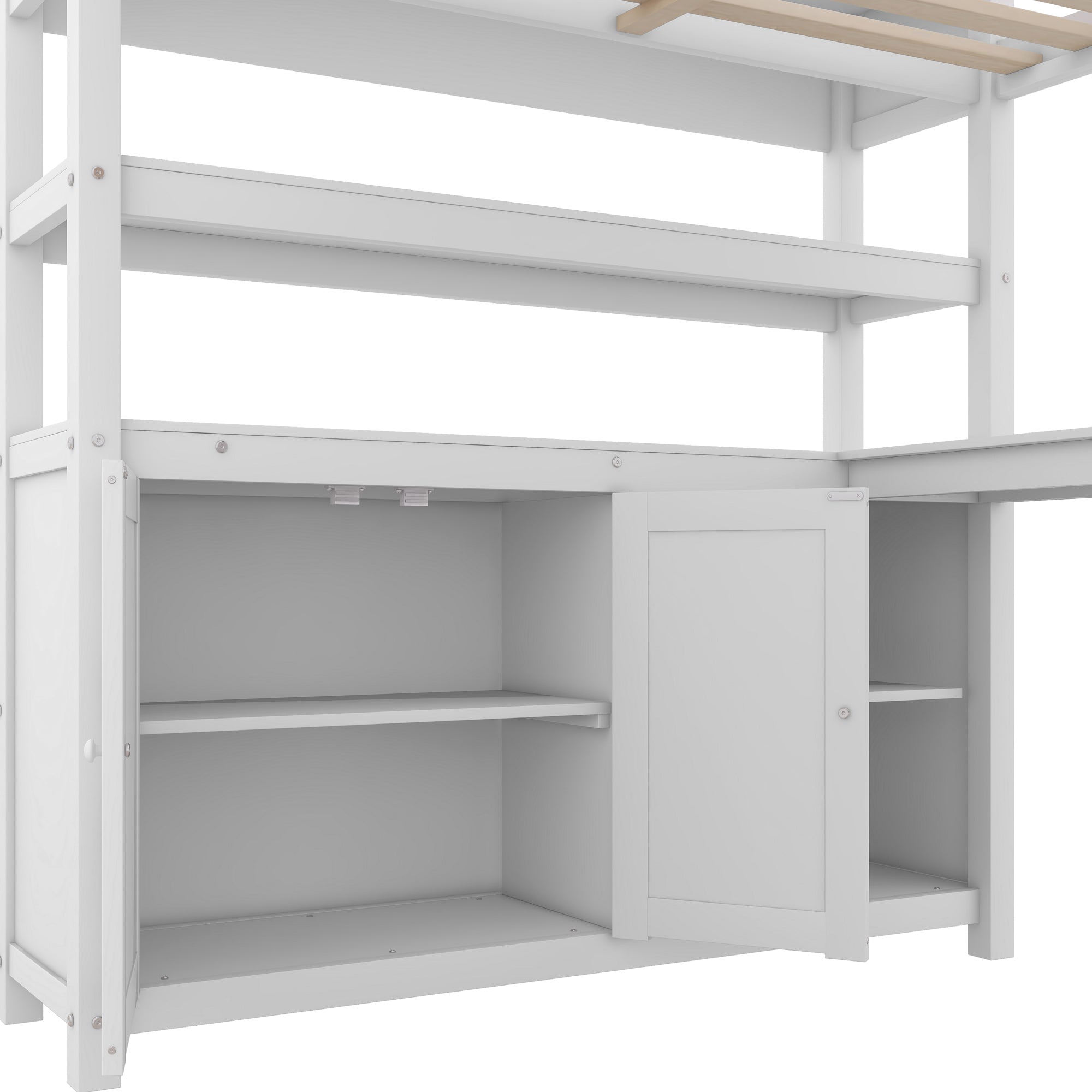 Wood Loft Bed with Cabinet and Bookshelf, Full Size Loft with Wardrobe and Desk for Kids,White