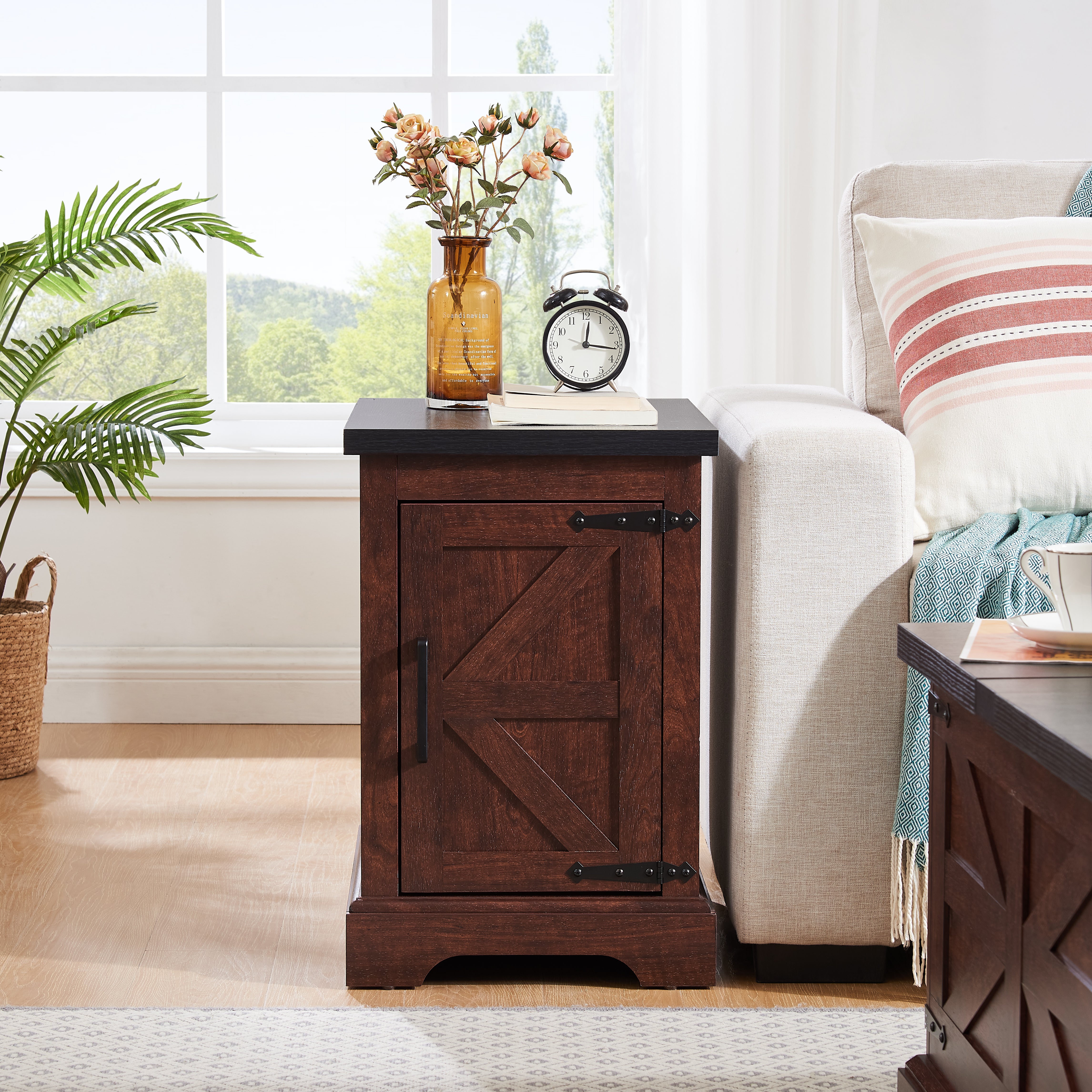 Farmhouse tea table bedside table rectangular farmhouse tea table with barn door and adjustable storage rack OAK