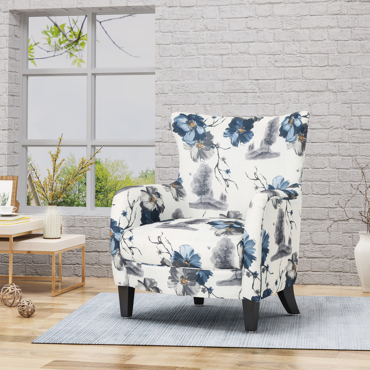 Modern retro printed fabric cushioned club chair, white and blue patterned armchair