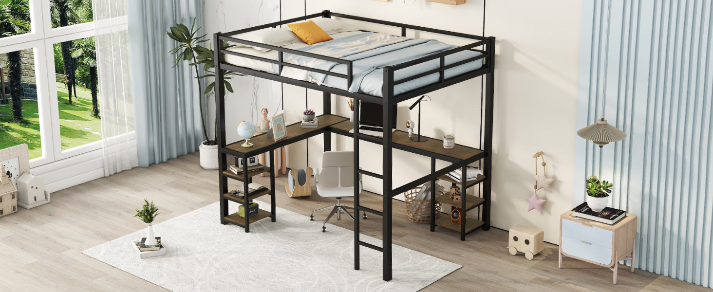 Full metal loft bed with desk and shelf, loft bed with ladder and guardrail, black with retro wood desk