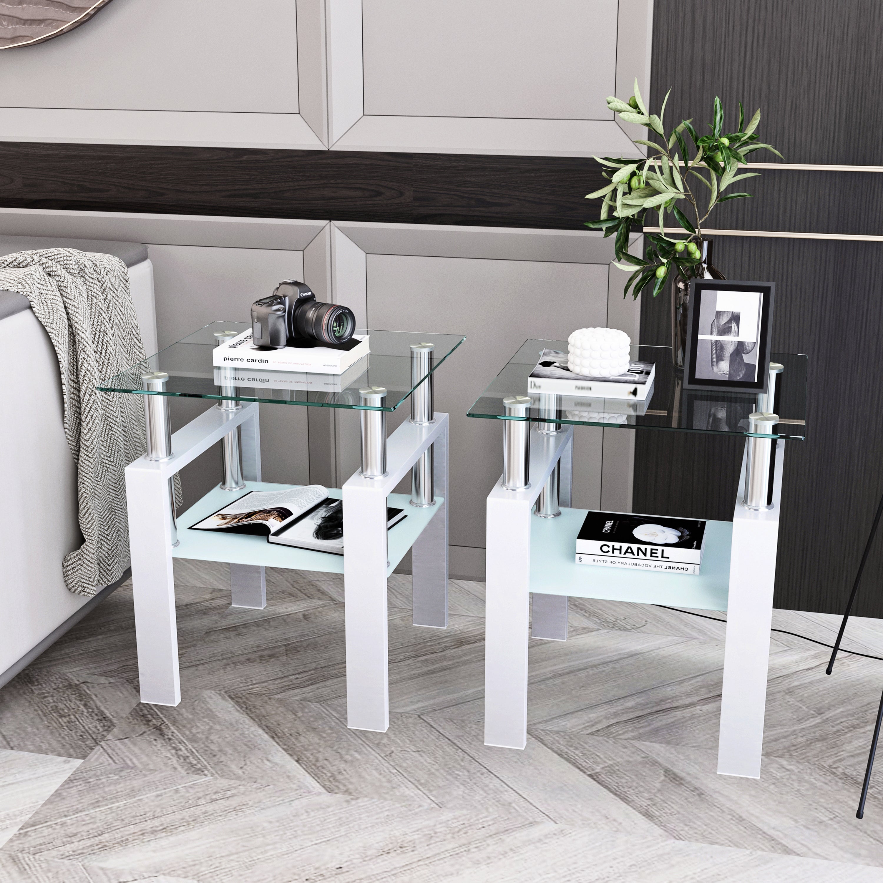 Set of 2, Modern Tempered Glass Tea Table Coffee Table End Table, Square Table for Living Room, Transparent/White